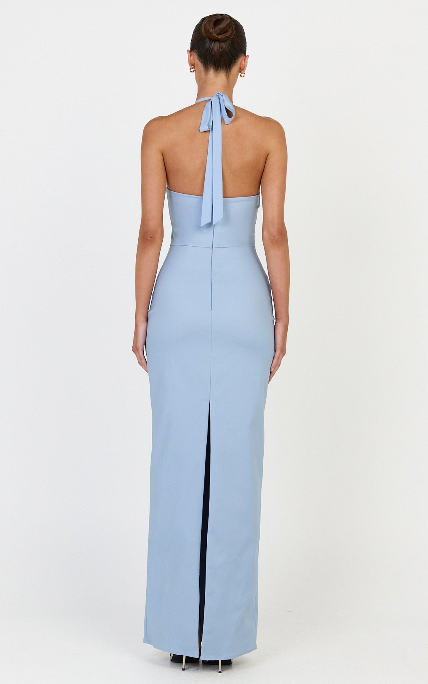 Baya Maxi Dress - Gathered Plunge Neckline Halter Dress in Pale Blue
