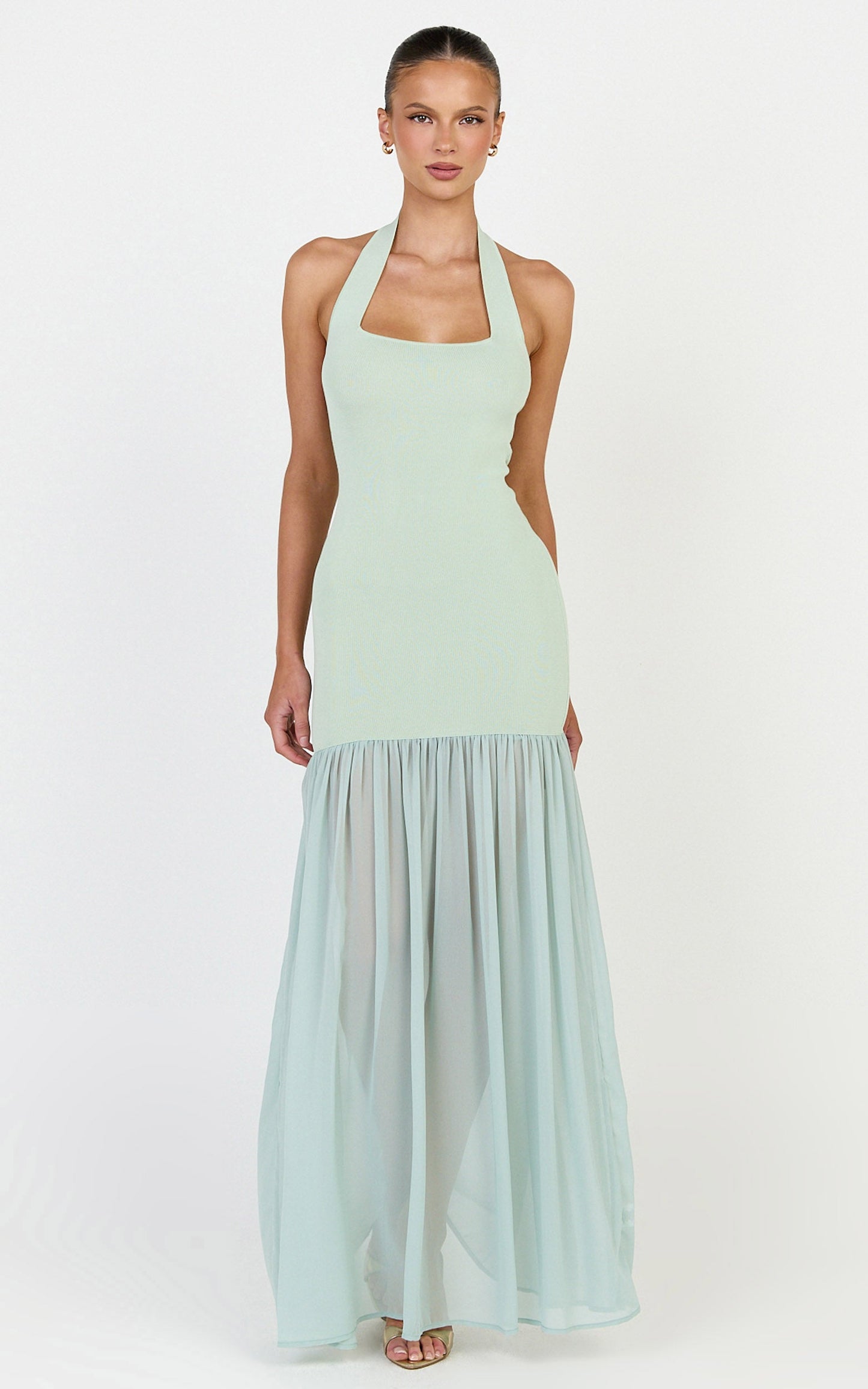 Barbara Maxi Dress - Halter Scoop Neck Contrast Georgette Dress in Sage