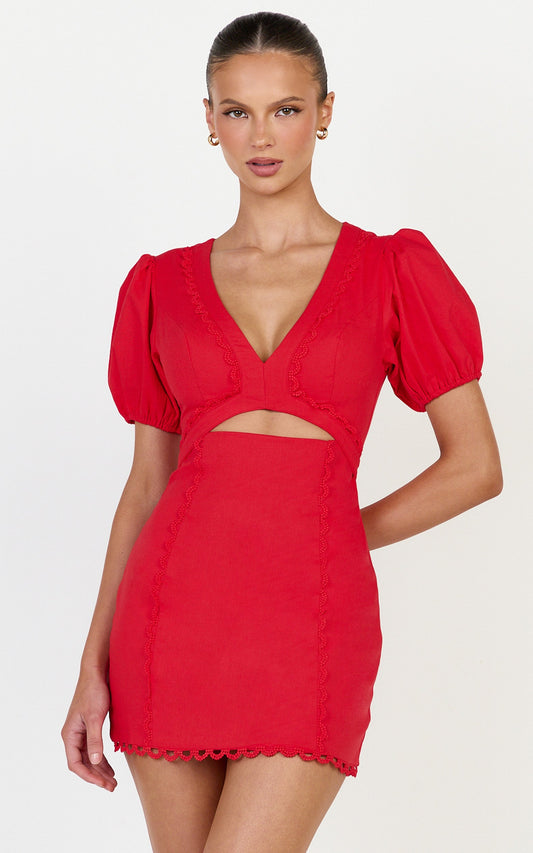 Carolyn Mini Dress - V Neck Puff Sleeve Dress in Red