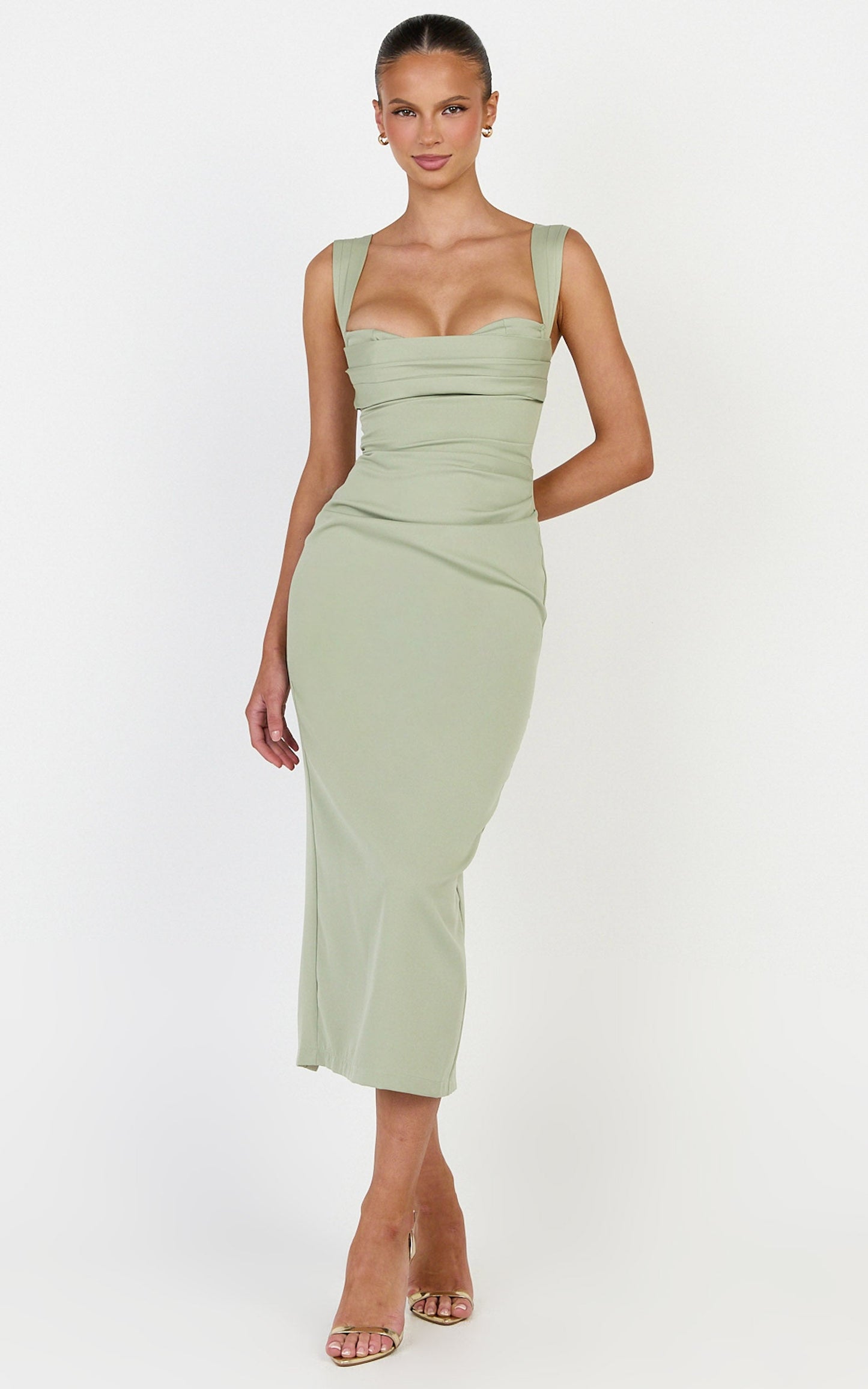 Kenna Midi Dress - Gathered Bust Tucked Waist Dress in Sage