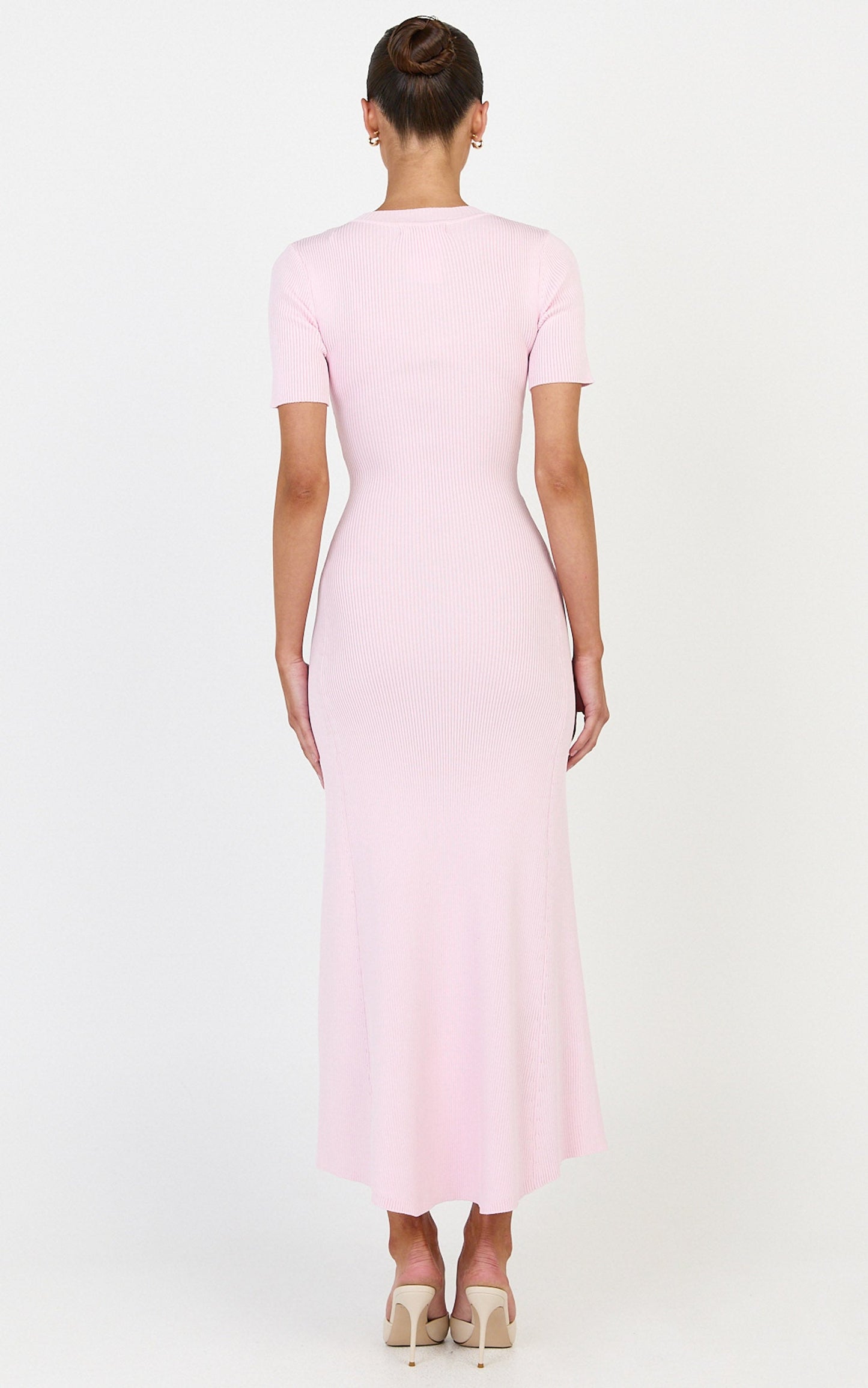 Lanie Midi Dress - Knitted Crew Neck Short Sleeve Dress in Pink