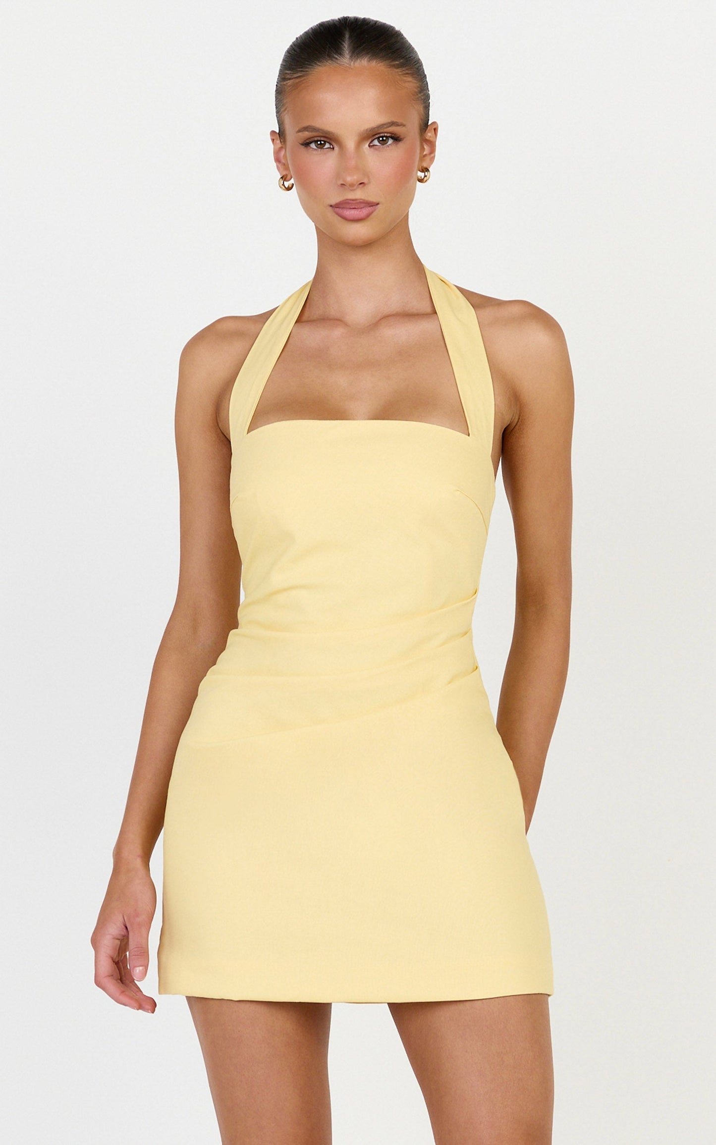 Tamika Mini Dress - Halter Neck Gathered A Line Mini Dress in Yellow