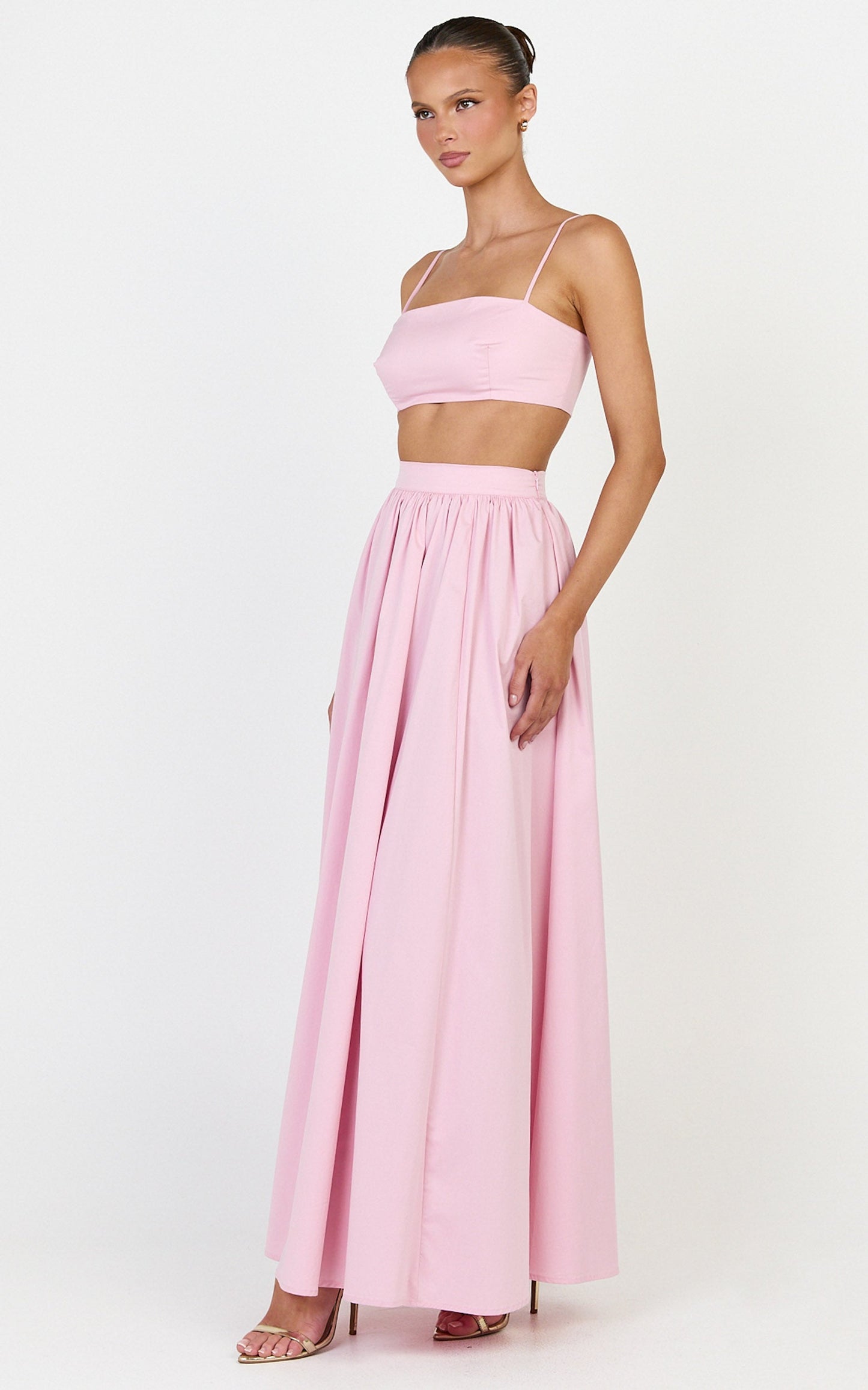 Tegan Two Piece Set - Straight Neck Micro Crop Top and A Line Maxi Skirt Set in Baby Pink