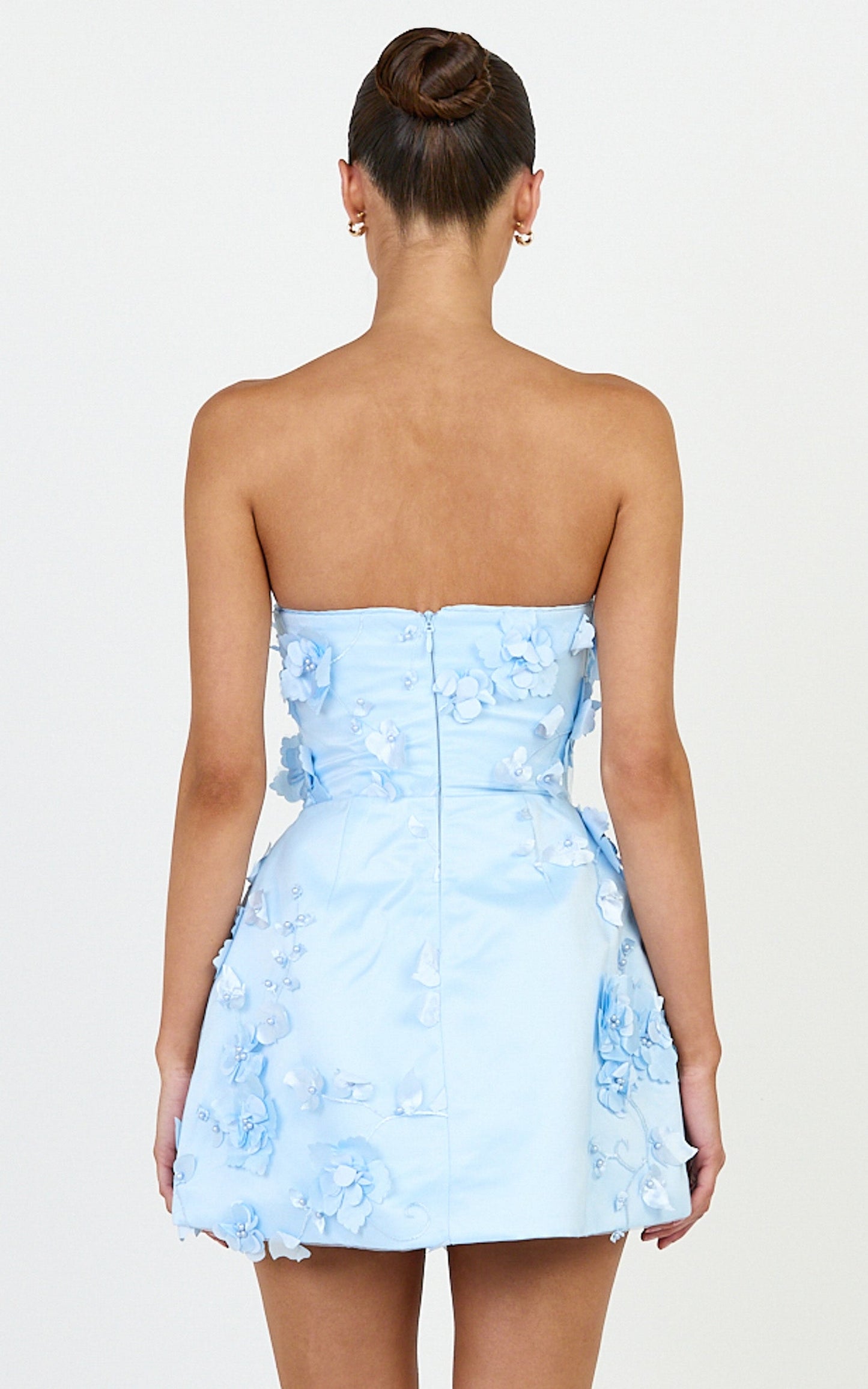 Delphine Mini Dress - Strapless Floral Embellished A Line Dress in Blue