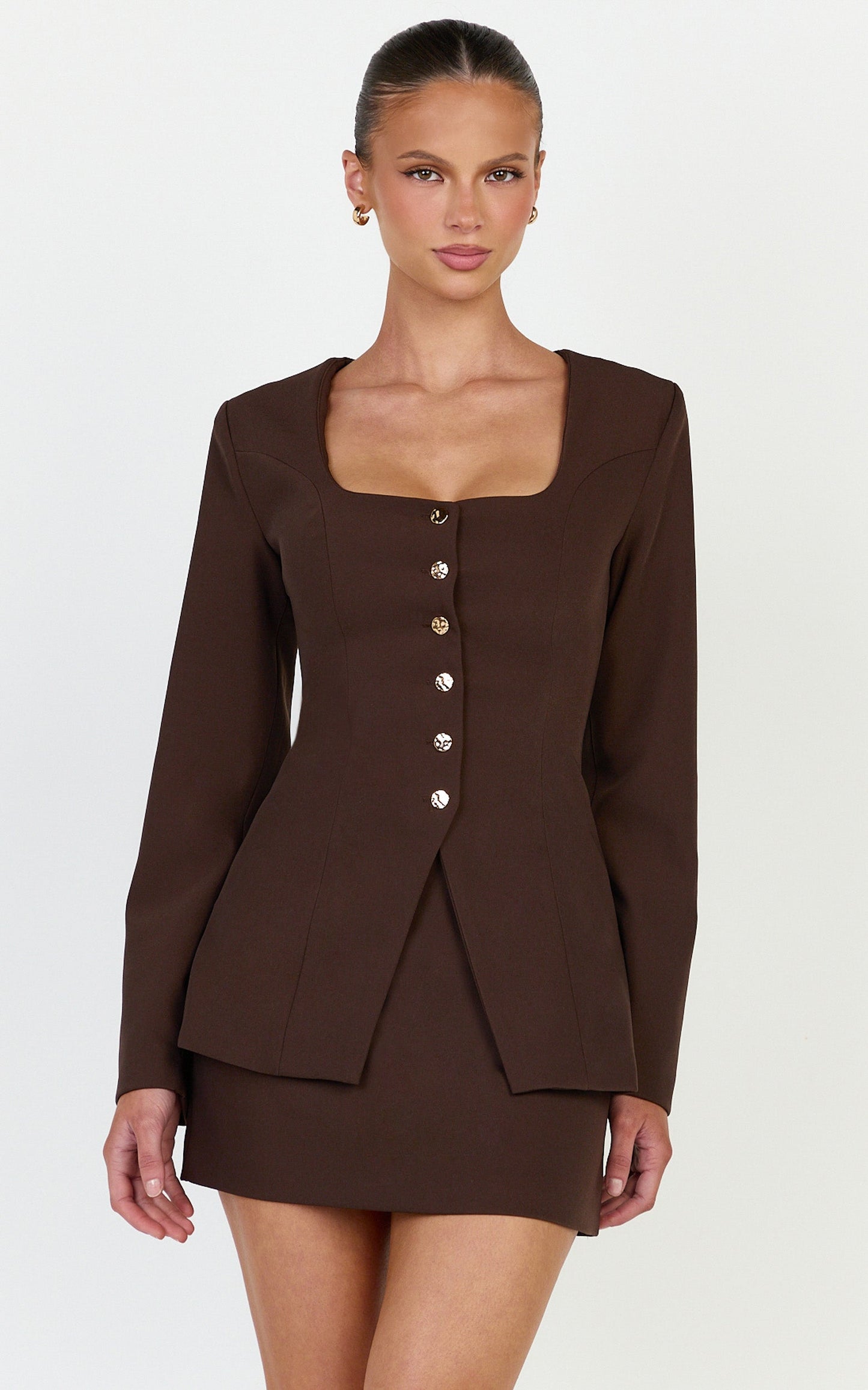 Rae Two Piece Set - Long Sleeve Button Down Tailored Top and Mini Skirt Set in Chocolate