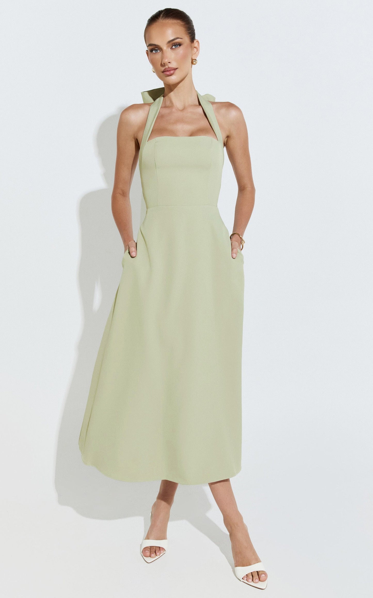 Karissa Midi Dress - Halter Neck Fitted Bodice Midi Soft A Line Skirt Dress in Pistachio