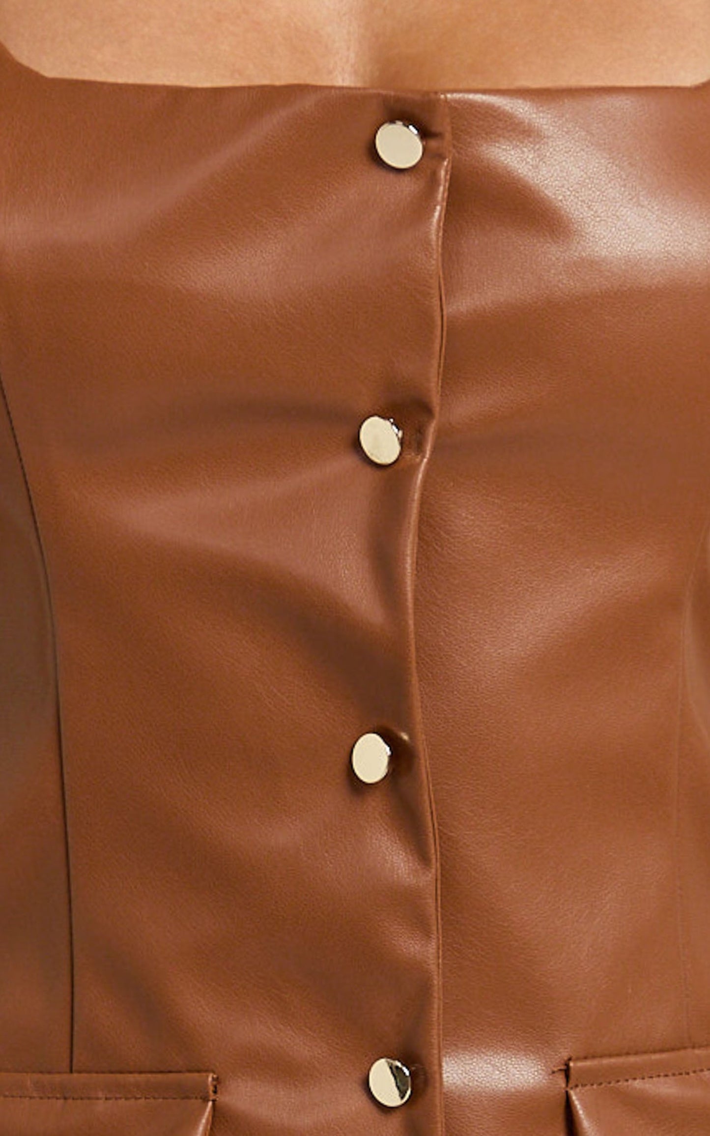 Nami Mini Dress - Faux Leather Square Neck Gold Button Dress in Camel