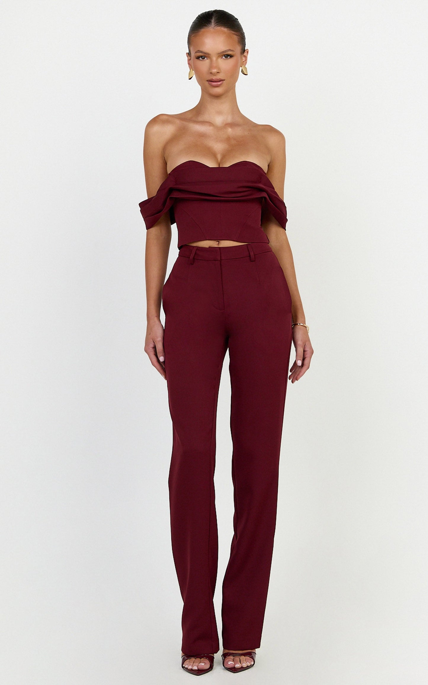 Zinnia Two Piece Top and Pants Set - Off Shoulder Top and Straight Leg Pants in Wine