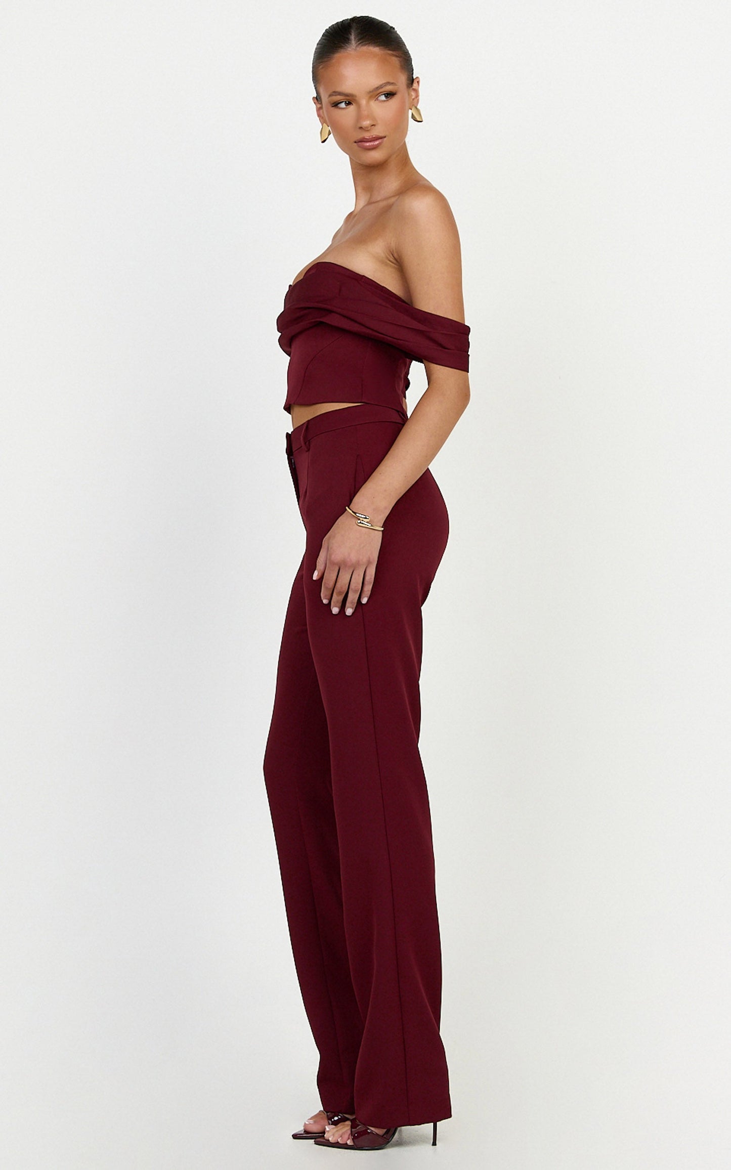 Zinnia Two Piece Top and Pants Set - Off Shoulder Top and Straight Leg Pants in Wine