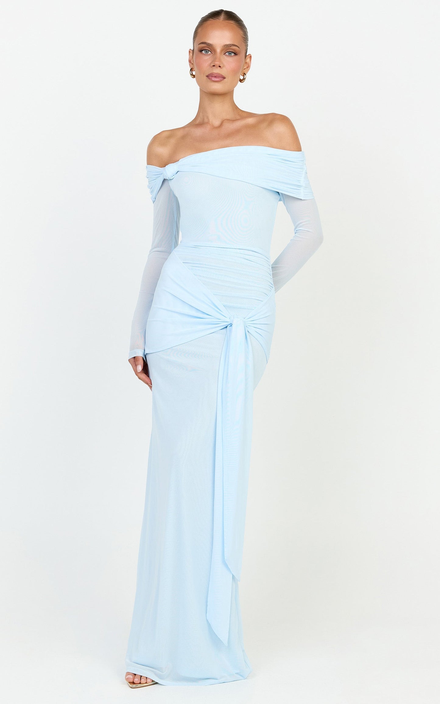 Waverly Maxi Dress - Long Sleeve Off Shoulder Dress in Blue
