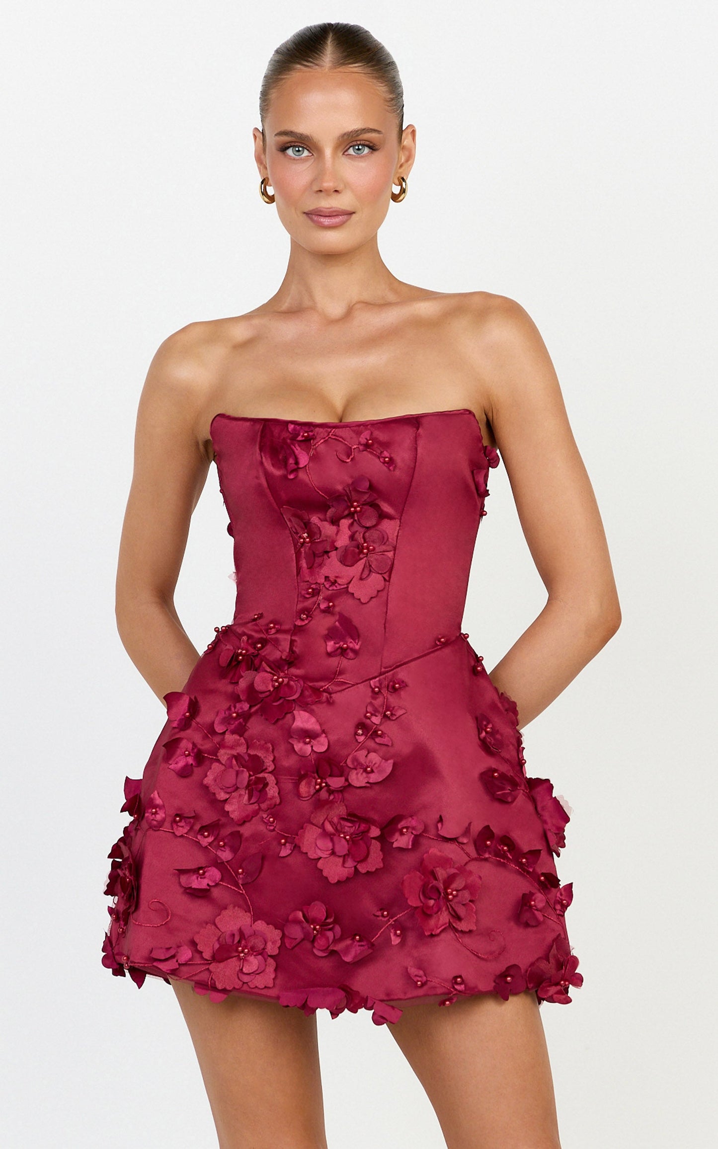 Delphine Mini Dress - Strapless Floral Embellished A Line Dress in Wine
