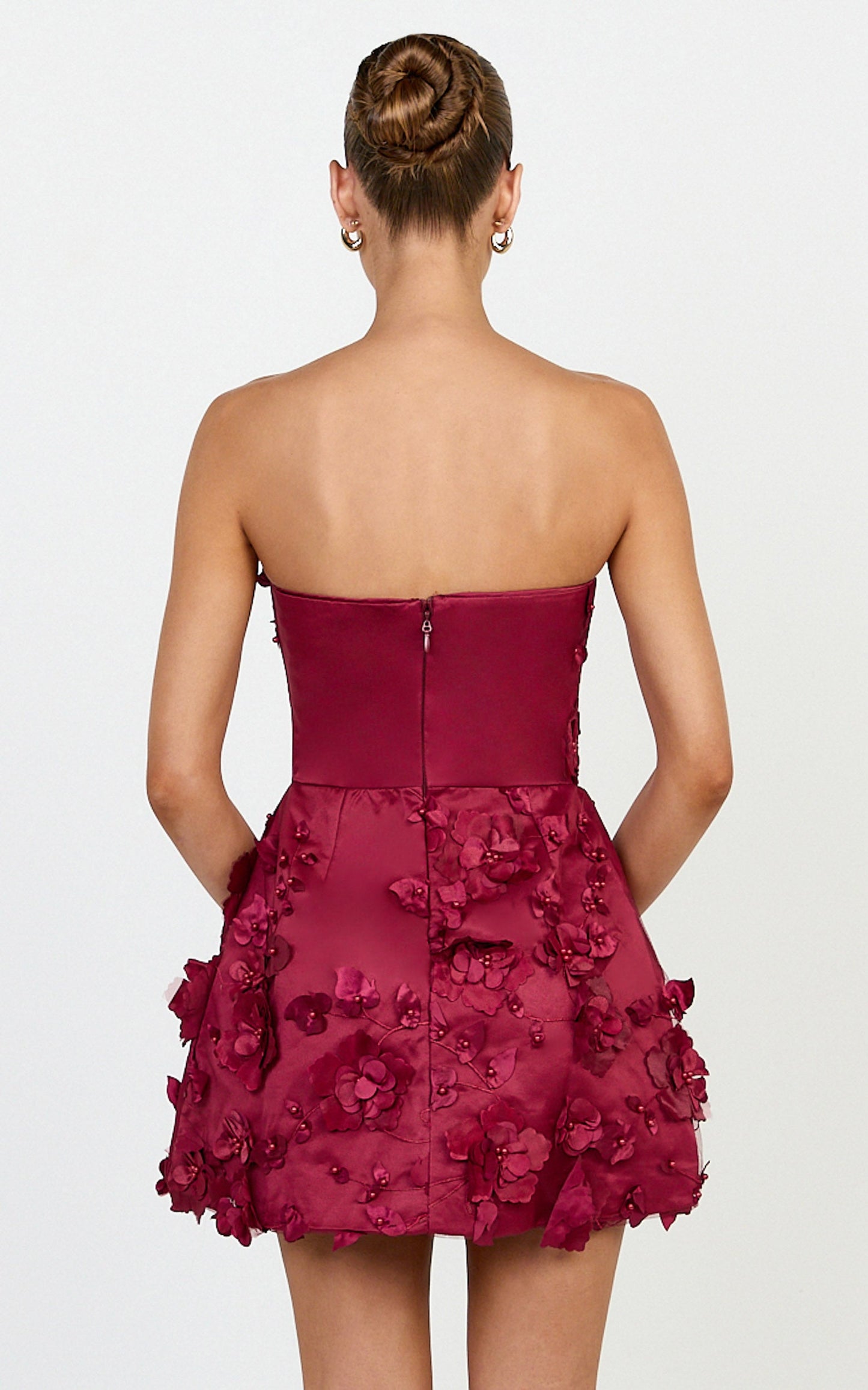 Delphine Mini Dress - Strapless Floral Embellished A Line Dress in Wine