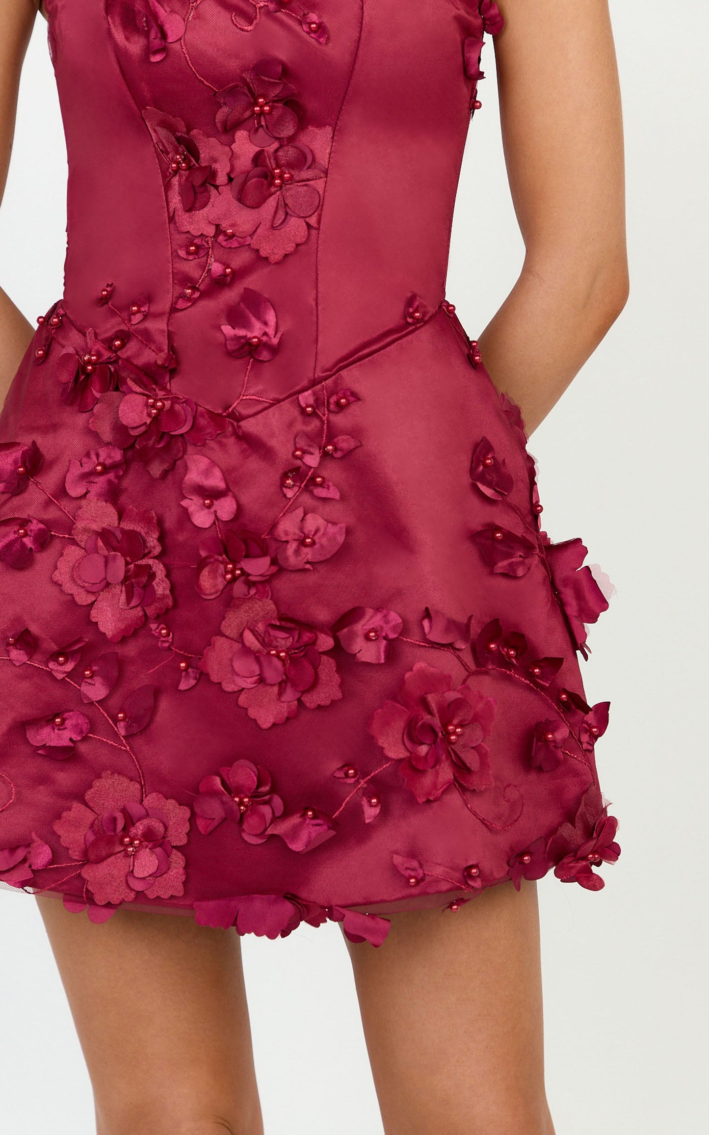 Delphine Mini Dress - Strapless Floral Embellished A Line Dress in Wine