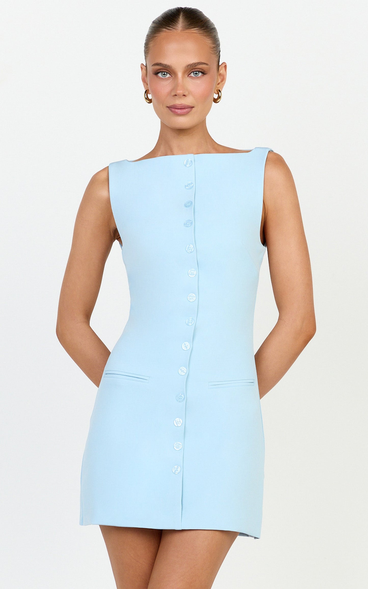 Adela Mini Dress - Mock Button Thru Boat Neck Dress in Baby Blue