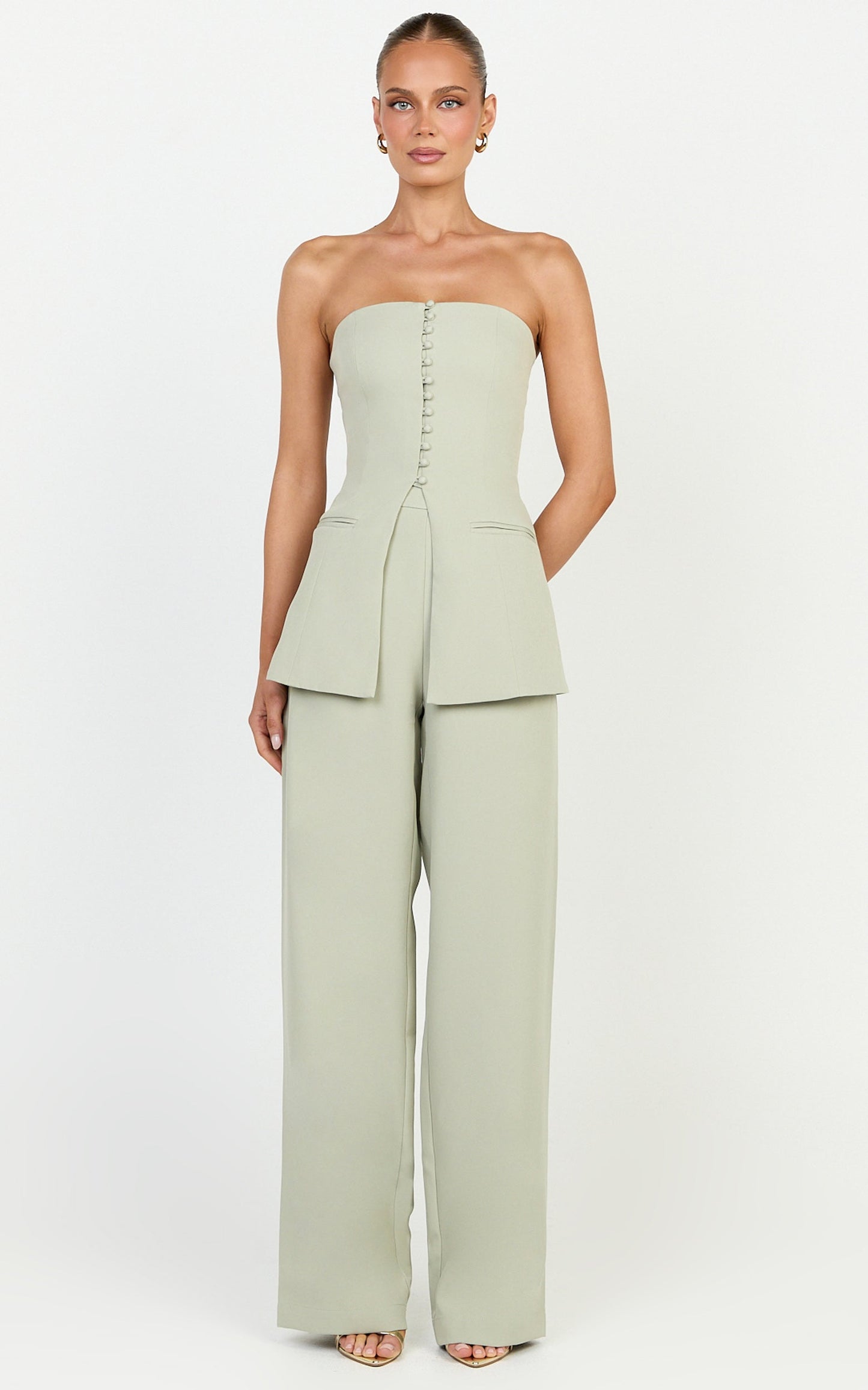 Amelia Two Piece Top and Pant Set - Strapless Button Down Top And Tailored Wide Leg Pants Set in Sage