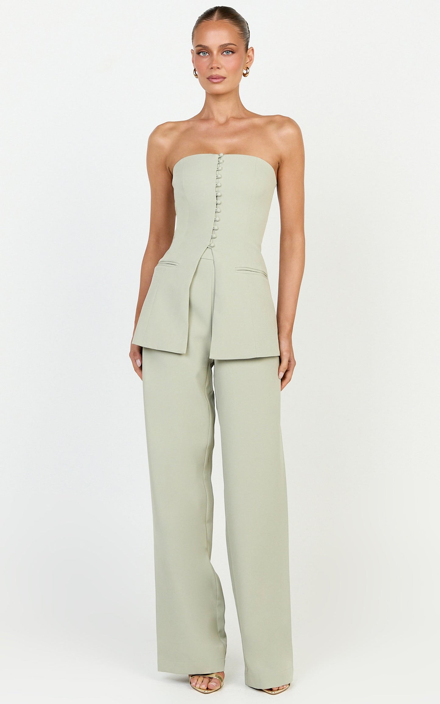 Amelia Two Piece Top and Pant Set - Strapless Button Down Top And Tailored Wide Leg Pants Set in Sage