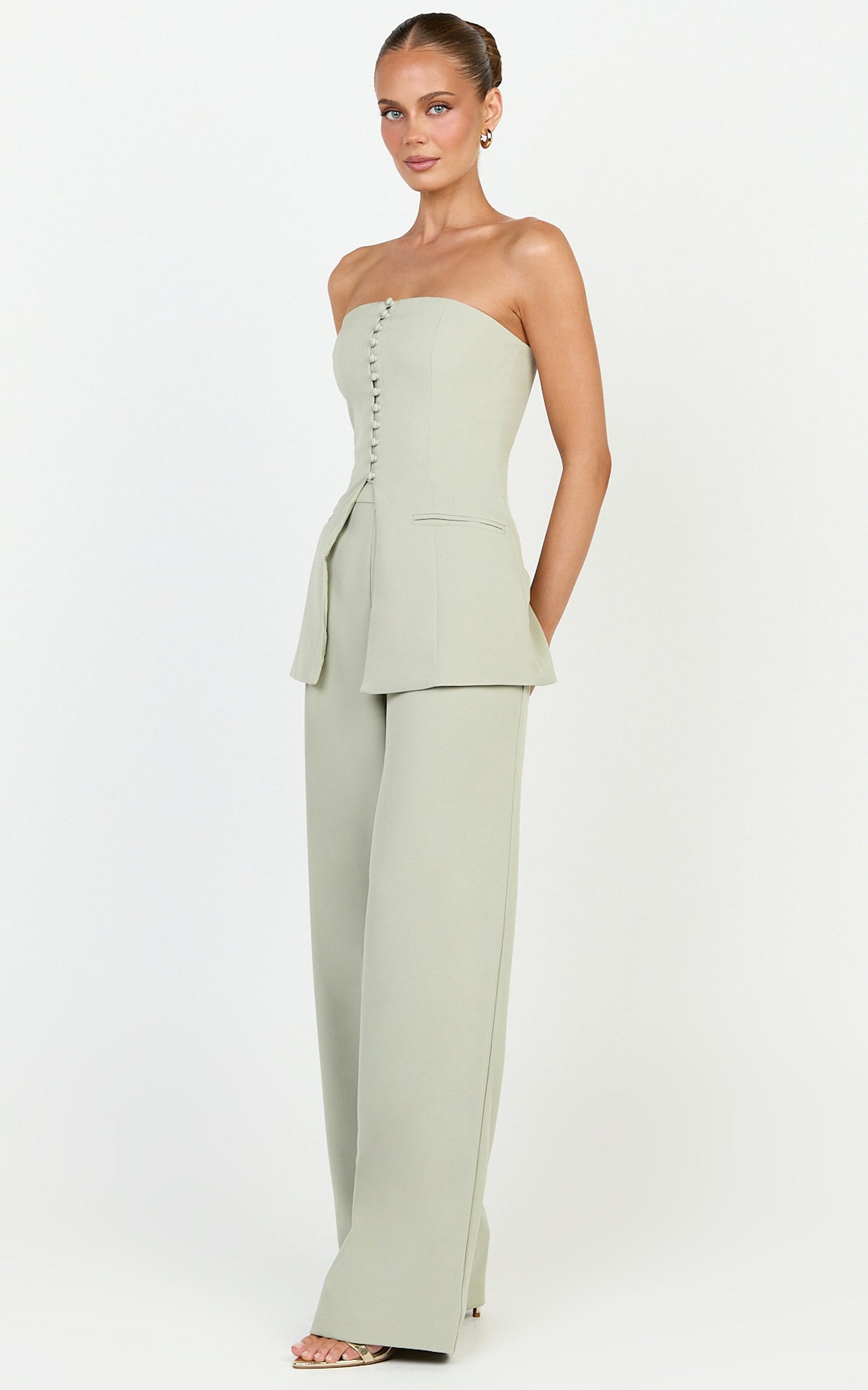 Amelia Two Piece Top and Pant Set - Strapless Button Down Top And Tailored Wide Leg Pants Set in Sage
