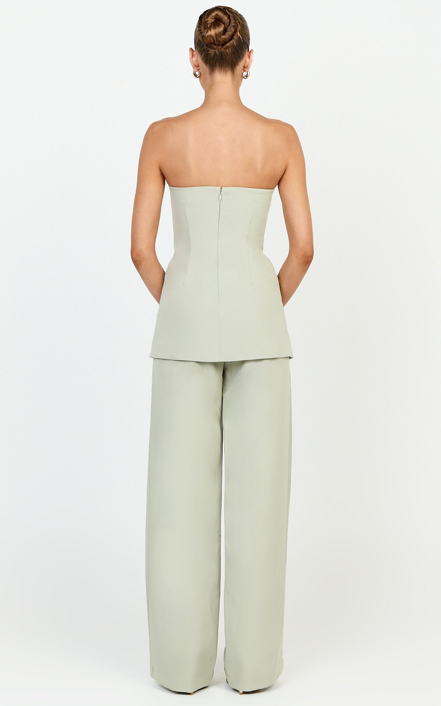 Amelia Two Piece Top and Pant Set - Strapless Button Down Top And Tailored Wide Leg Pants Set in Sage