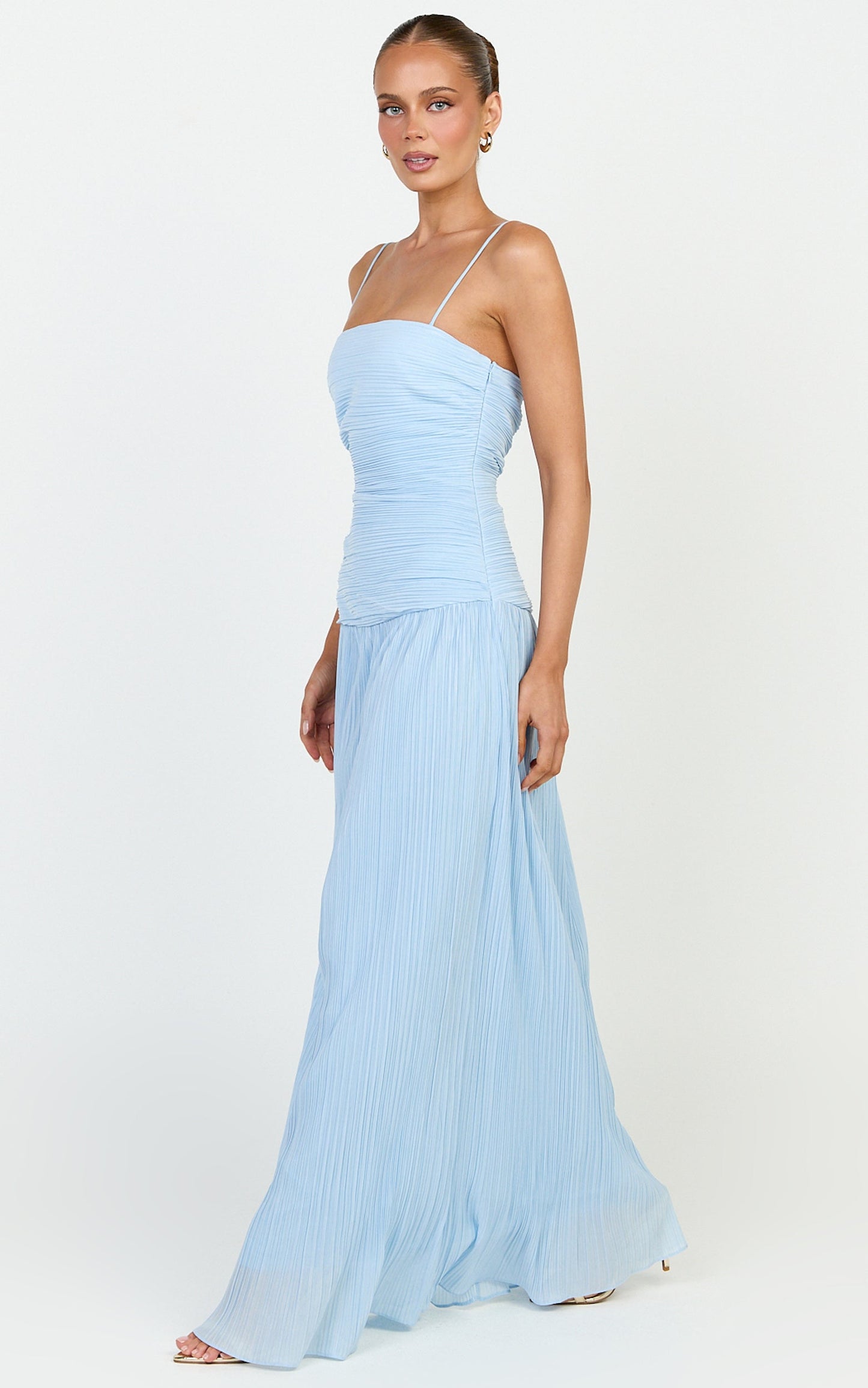 Ashlee Maxi Dress - Strapless Plisse Dropped Waist Split Leg Dress in Light Blue