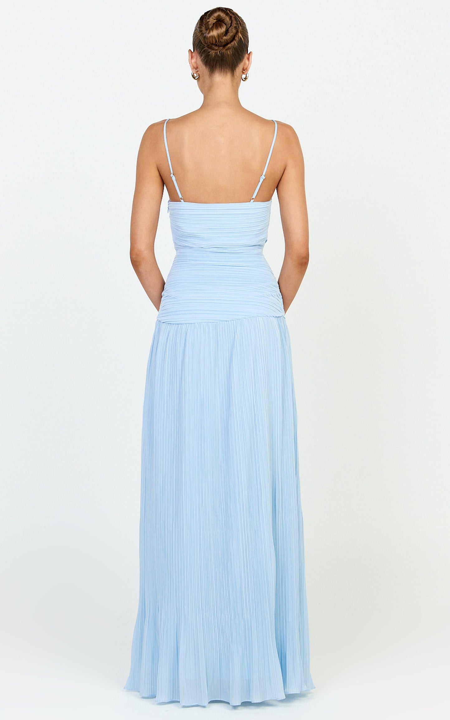 Ashlee Maxi Dress - Strapless Plisse Dropped Waist Split Leg Dress in Light Blue
