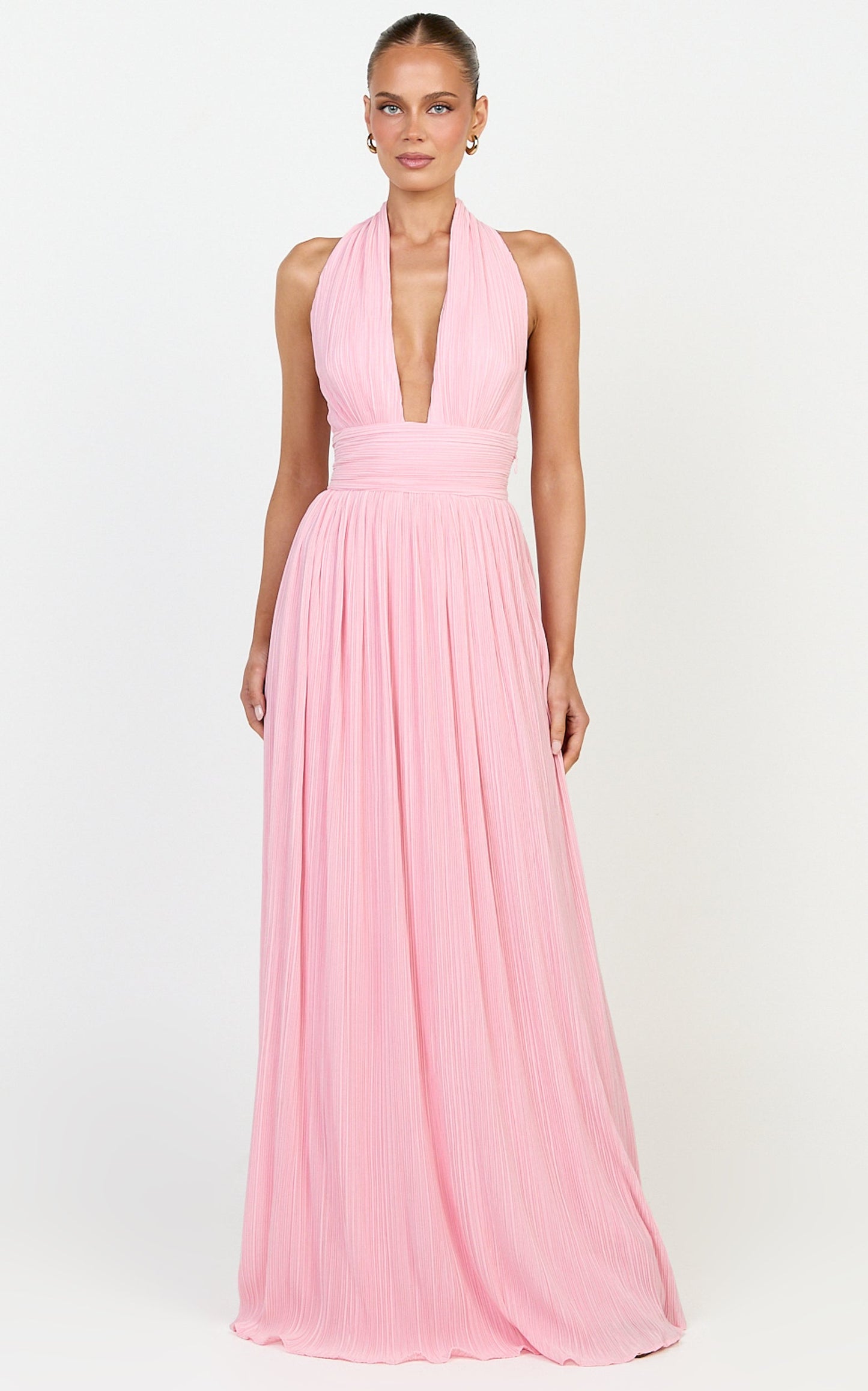 Aurelia Maxi Dress - Plisse Halter Neck Dress in Pink