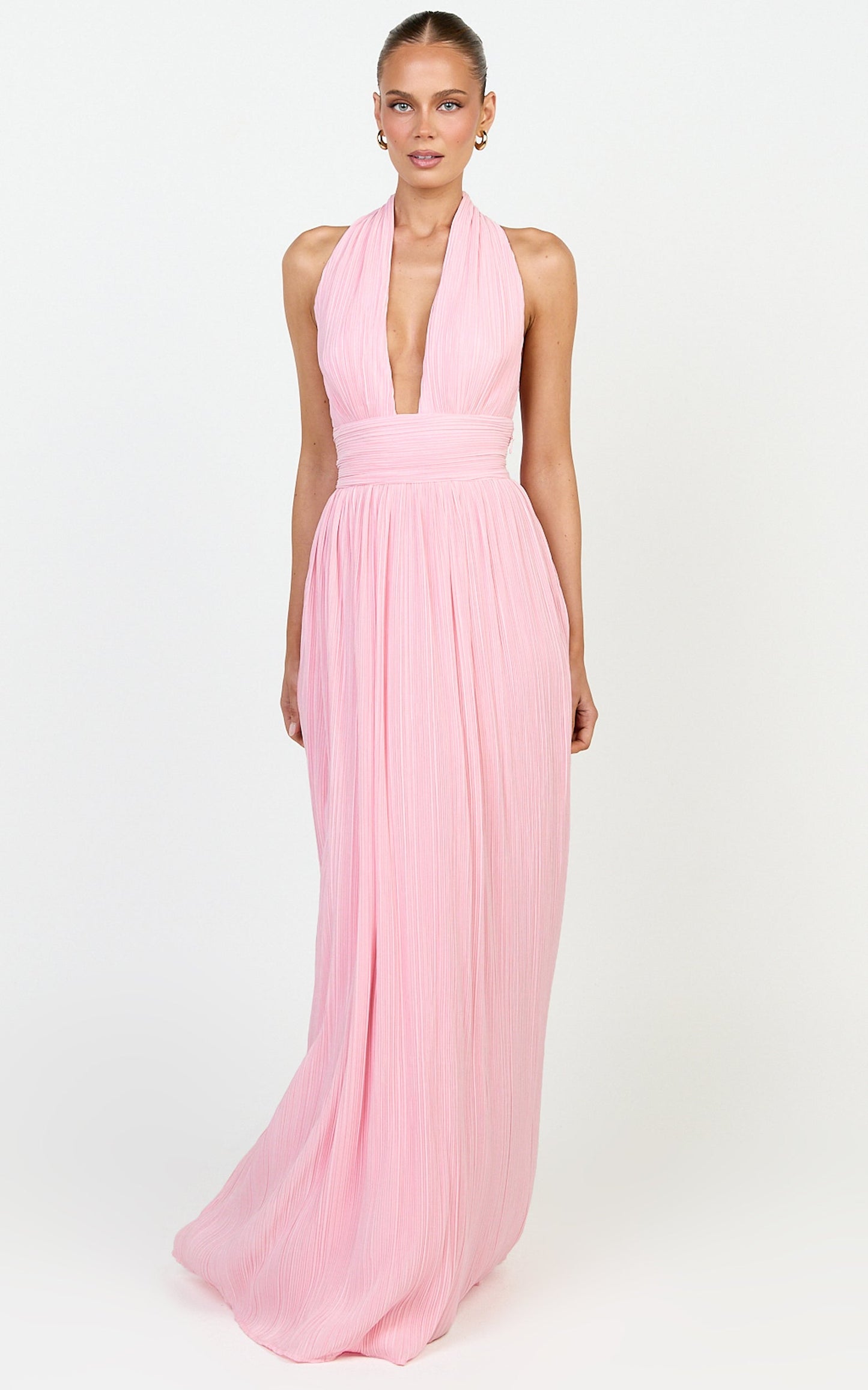Aurelia Maxi Dress - Plisse Halter Neck Dress in Pink