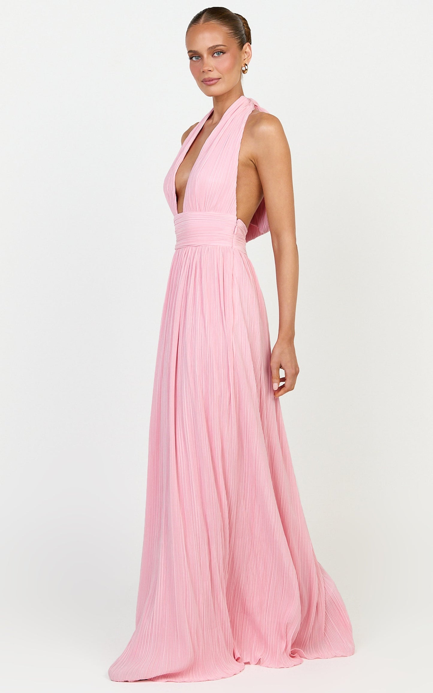 Aurelia Maxi Dress - Plisse Halter Neck Dress in Pink