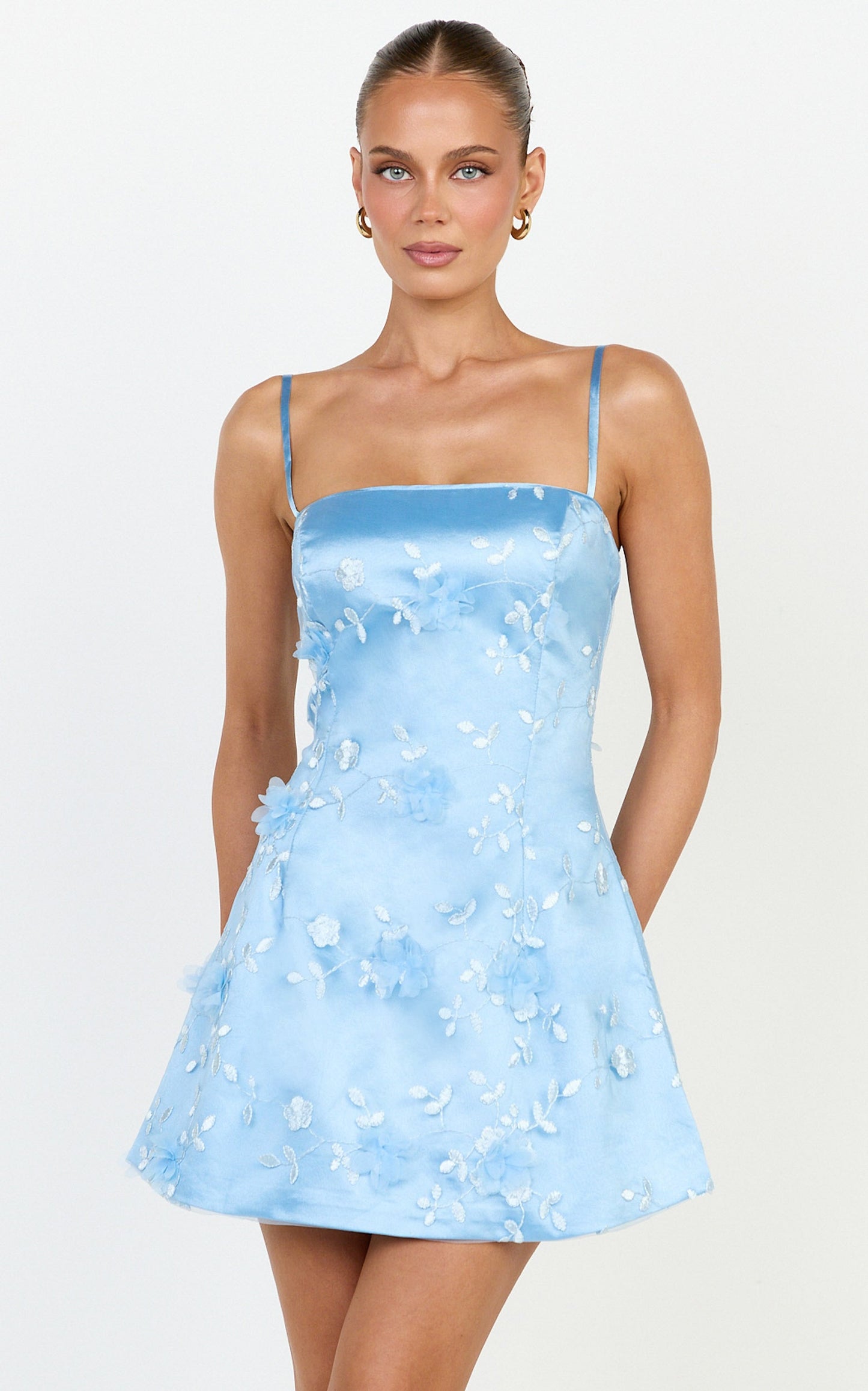 Vienna Mini Dress - Sleeveless Embellished Tulip Skirt Dress in Blue