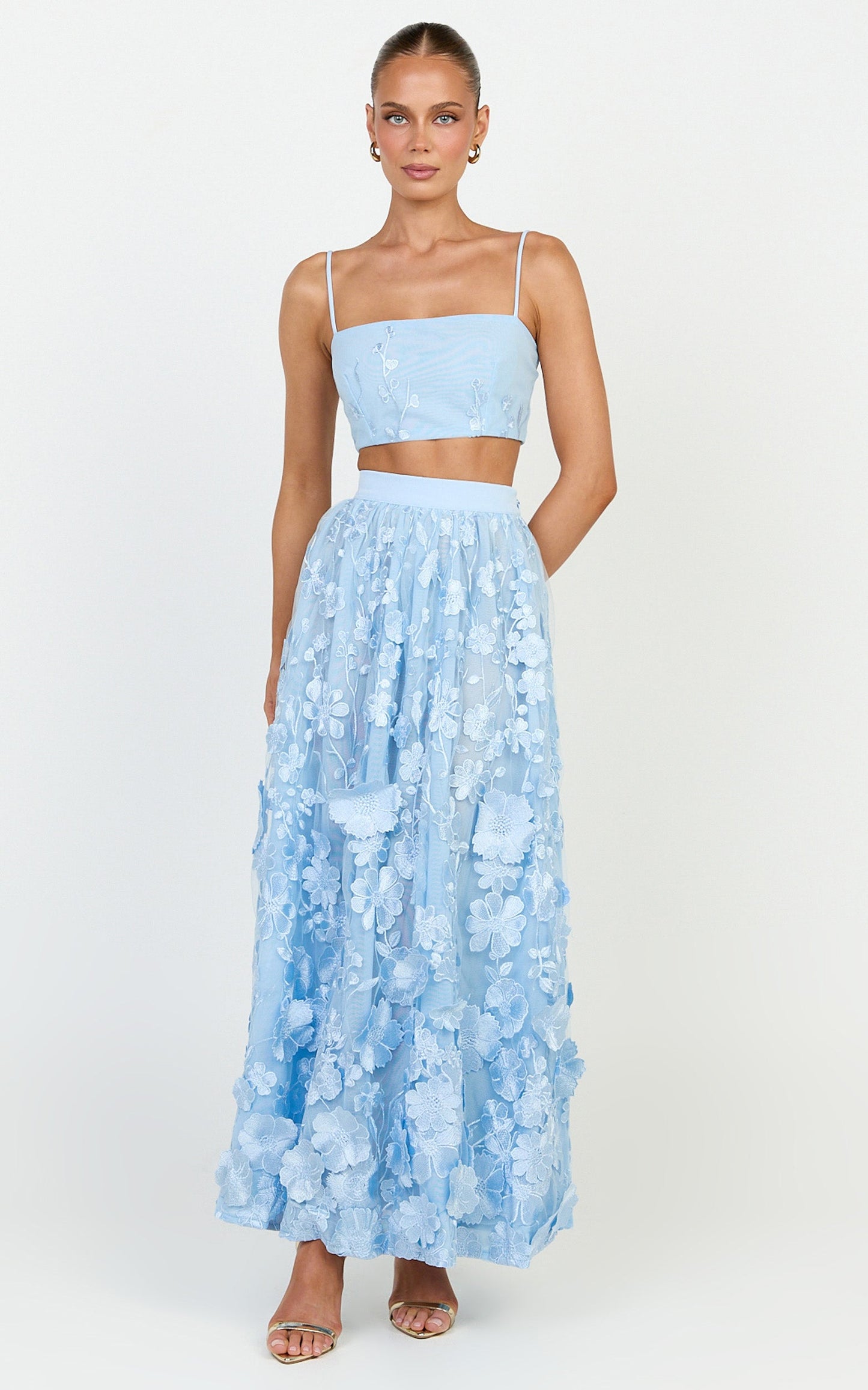 Beth Two Piece Top and Skirt Set -  Floral Lace Micro Crop Top And A Line Maxi Skirt Set in Blue