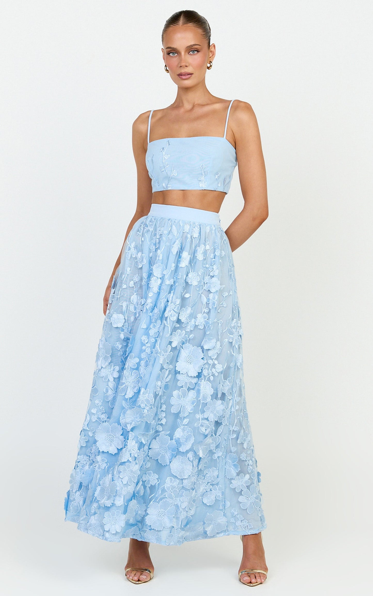 Beth Two Piece Top and Skirt Set -  Floral Lace Micro Crop Top And A Line Maxi Skirt Set in Blue