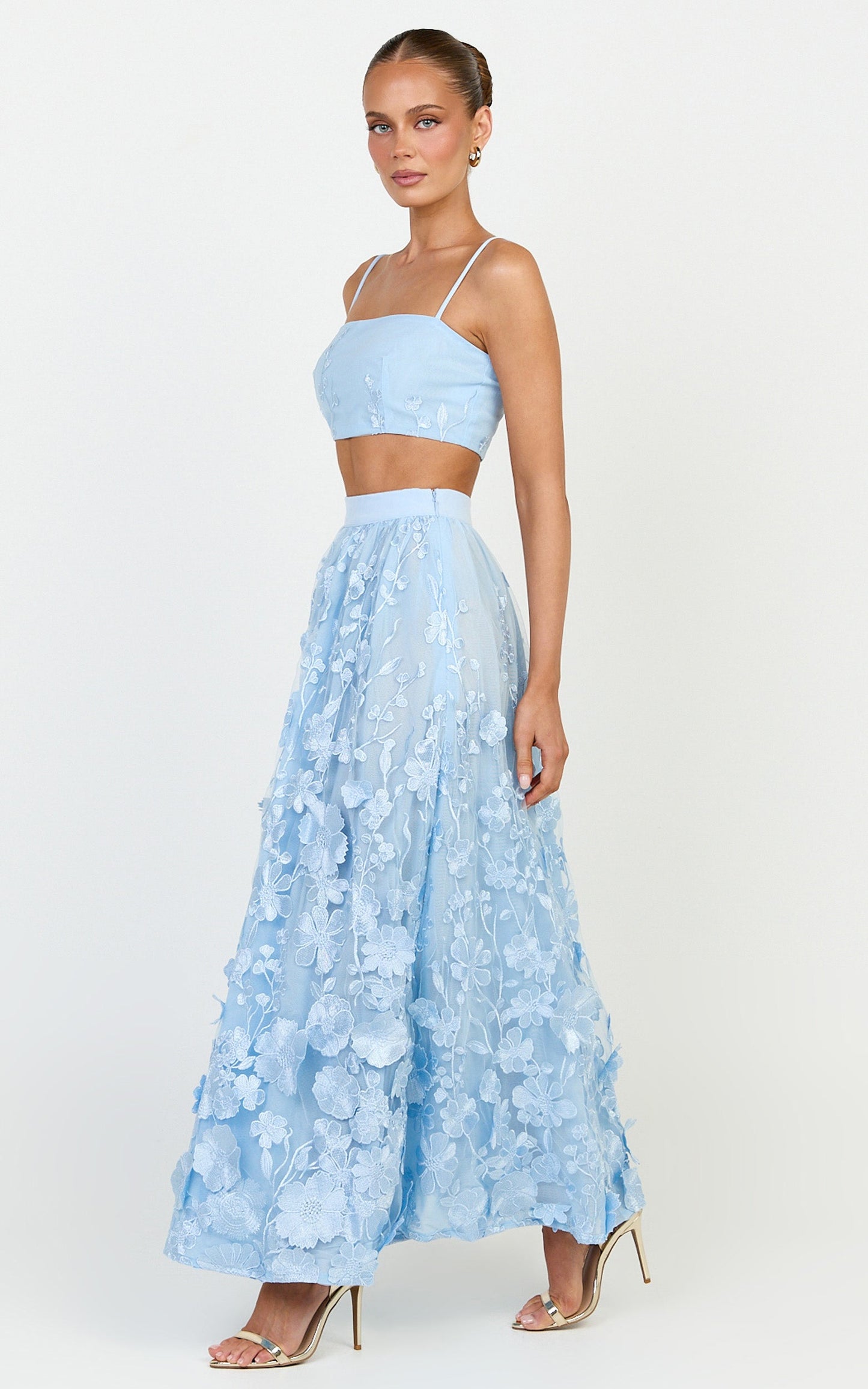 Beth Two Piece Top and Skirt Set -  Floral Lace Micro Crop Top And A Line Maxi Skirt Set in Blue