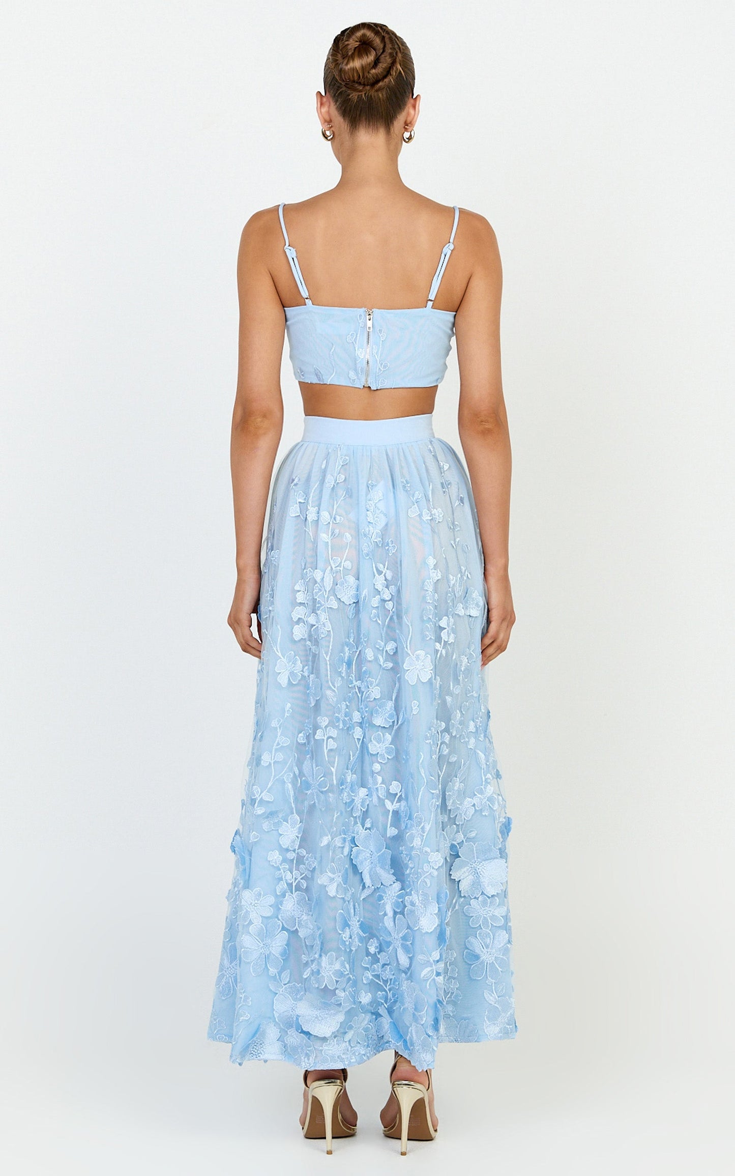 Beth Two Piece Top and Skirt Set -  Floral Lace Micro Crop Top And A Line Maxi Skirt Set in Blue