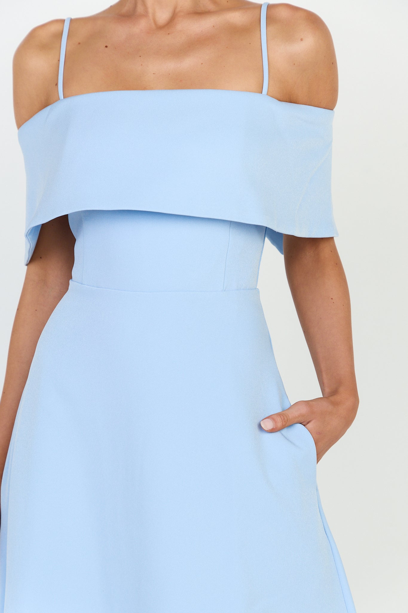 Aviana Midi Dress - Bodice Overlay A Line Dress in Blue