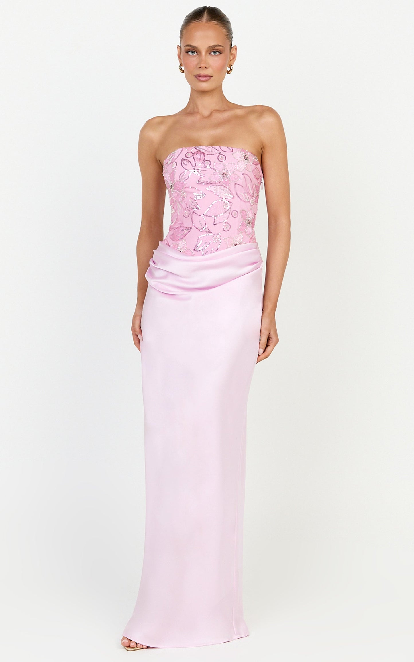 Amie Maxi Dress - Strapless Sequin Bodice Dress With Draped Satin Skirt in Pink