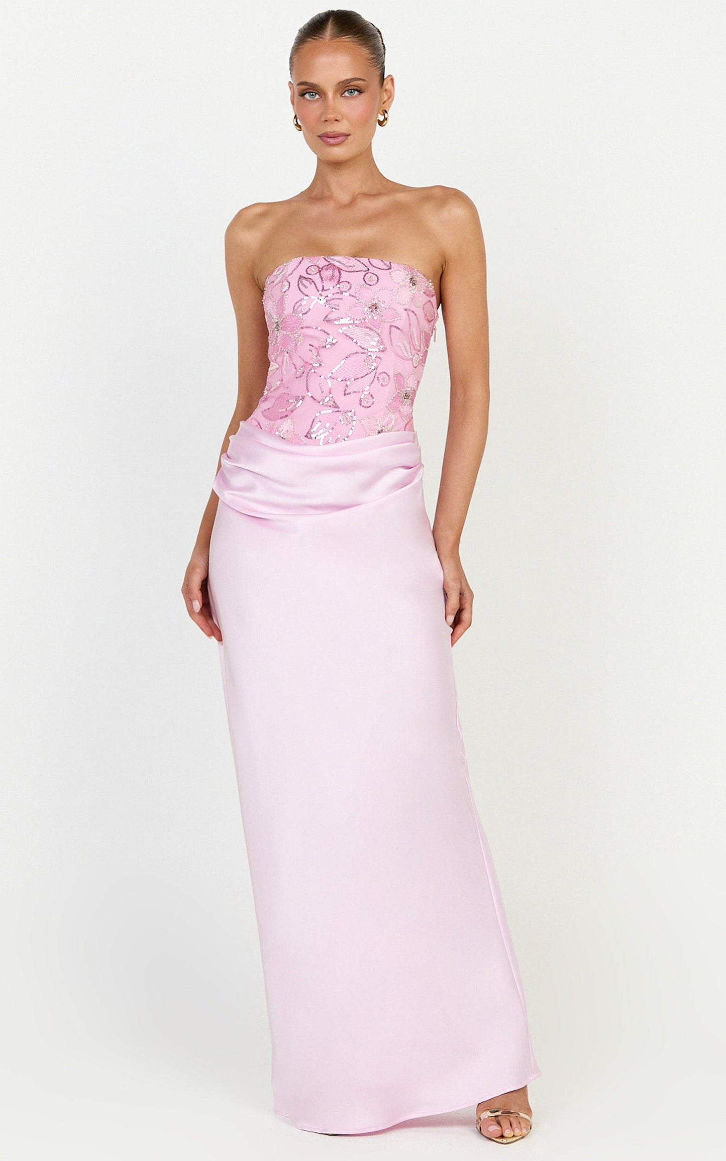 Amie Maxi Dress - Strapless Sequin Bodice Dress With Draped Satin Skirt in Pink