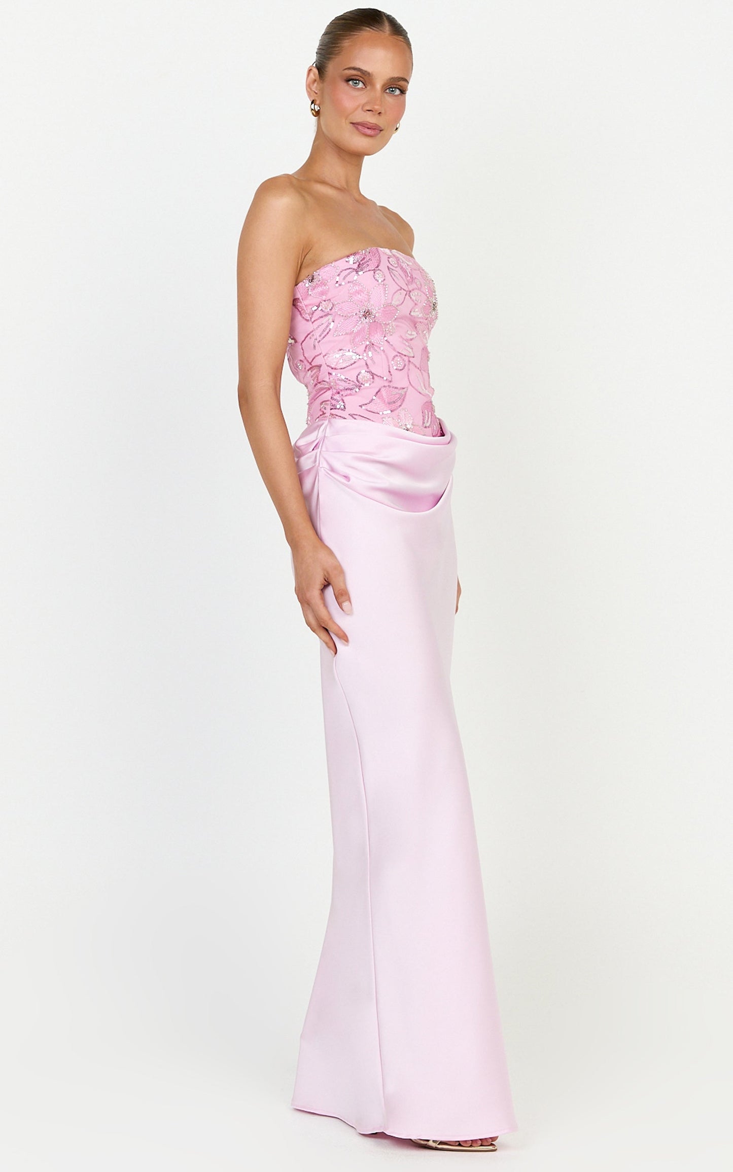 Amie Maxi Dress - Strapless Sequin Bodice Dress With Draped Satin Skirt in Pink
