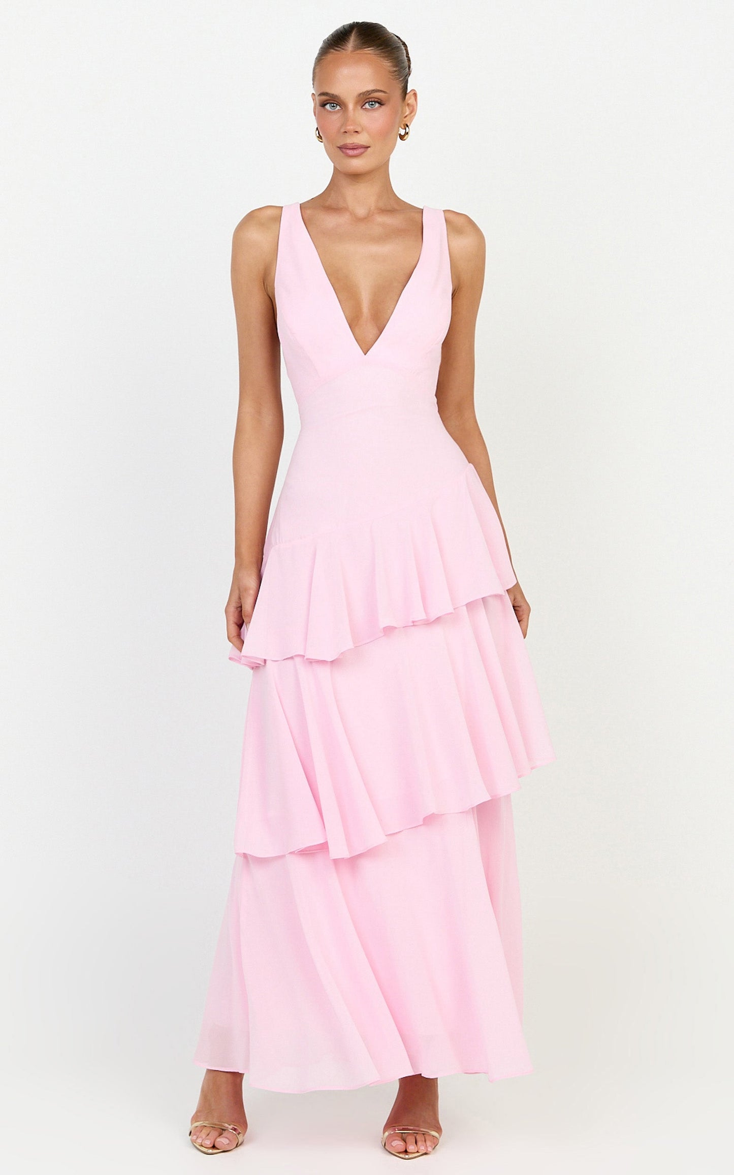 Beryl Midi Dress - Deep V Neck Sleeveless Layered Dress in Pink