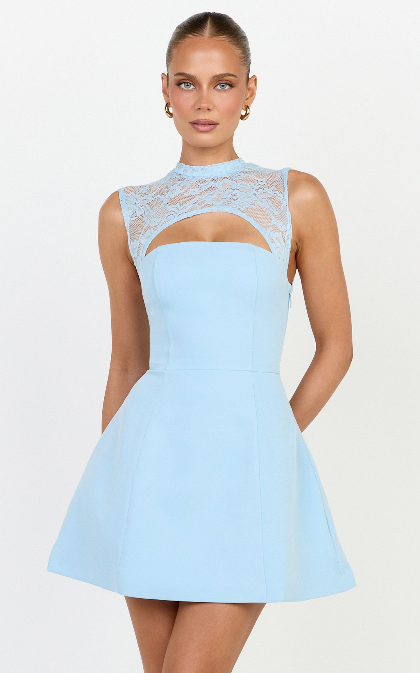 Sia Mini Dress - Cut out Contrast Lace Tulip Skirt Dress in Light Blue