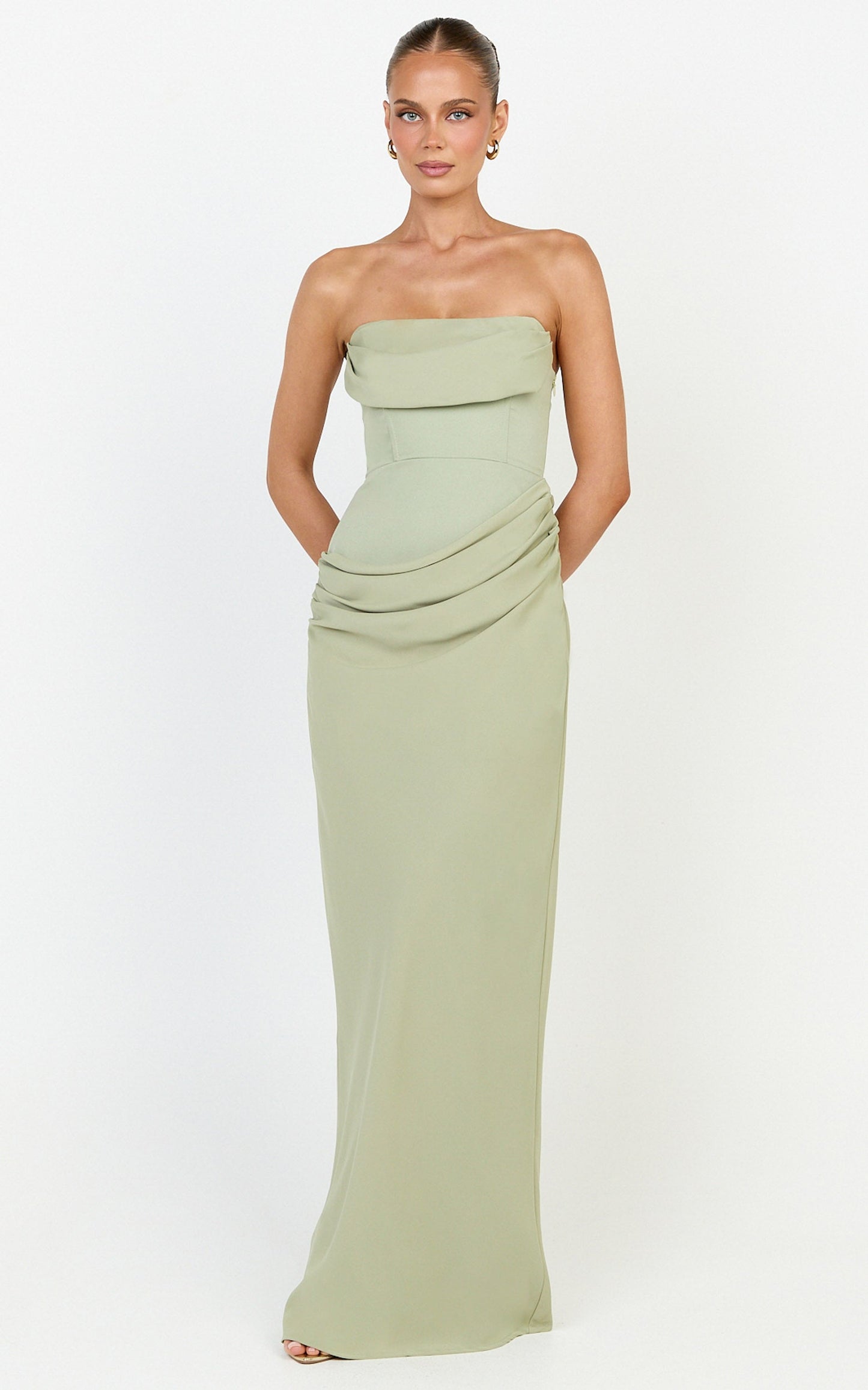 Phoebe Maxi Dress - Strapless Structured Bodice Drape Skirt Dress in Sage