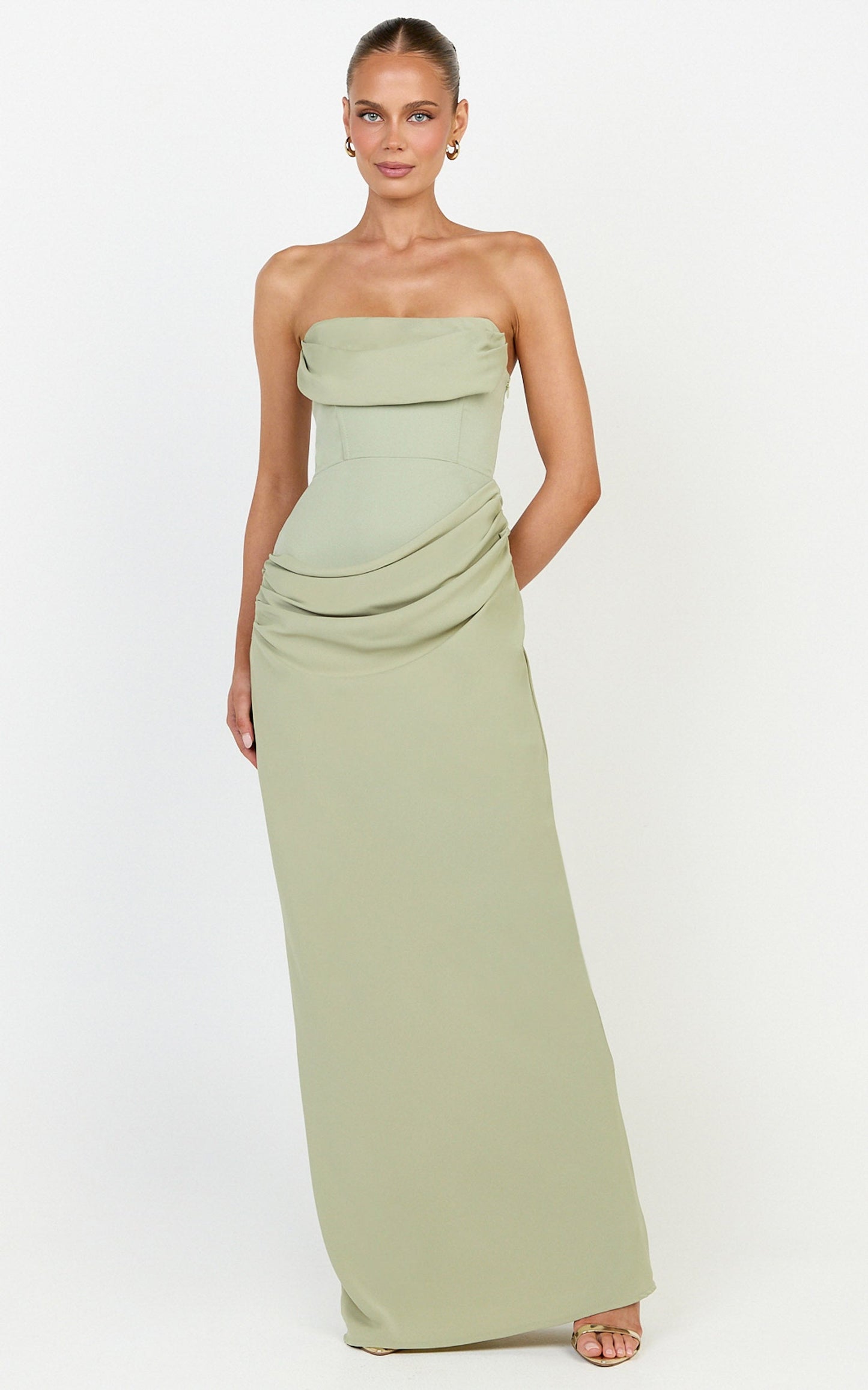 Phoebe Maxi Dress - Strapless Structured Bodice Drape Skirt Dress in Sage