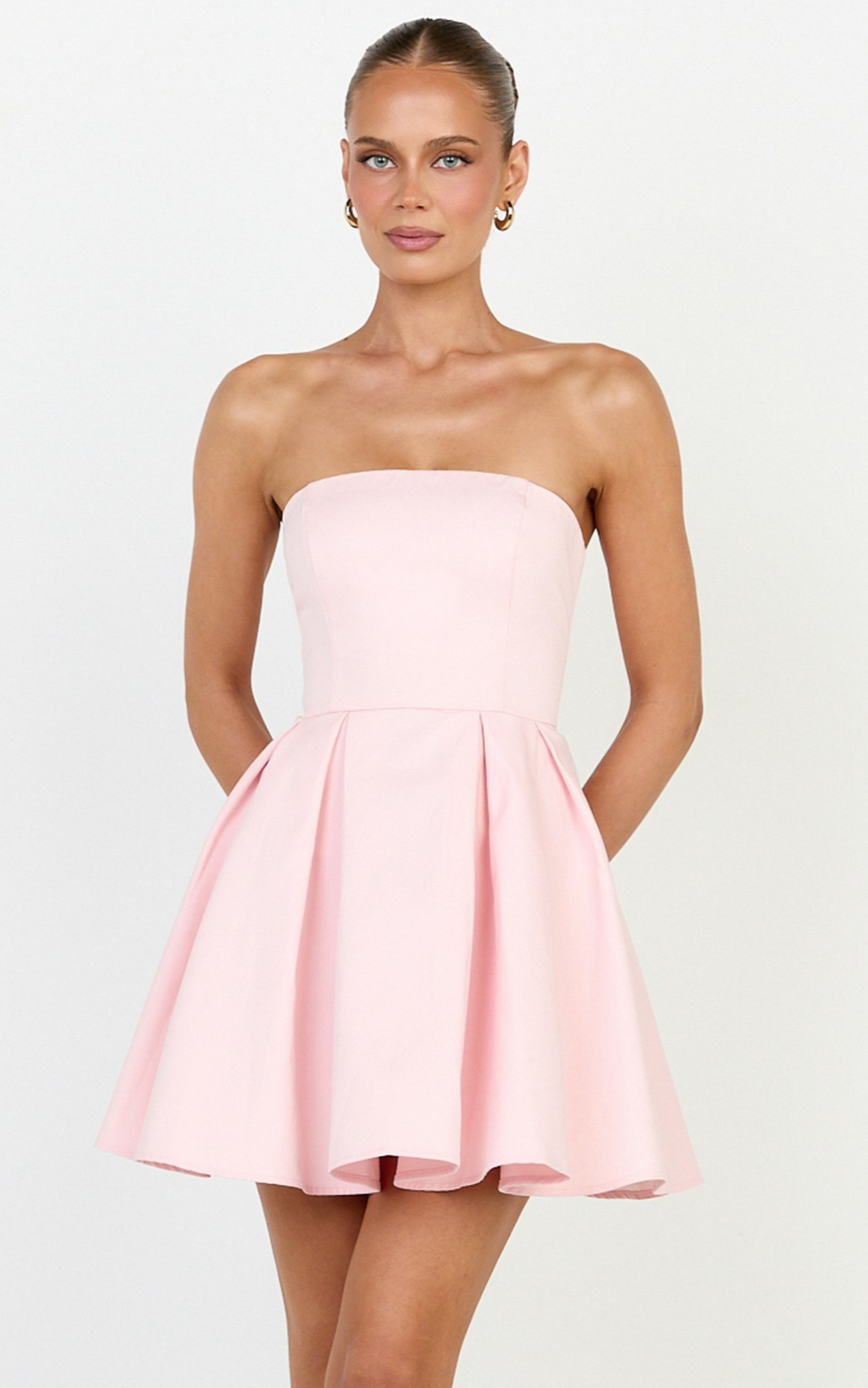 Avery Mini Dress - Strapless Fitted Bodice Full Pleated Skirt Dress in Baby Pink