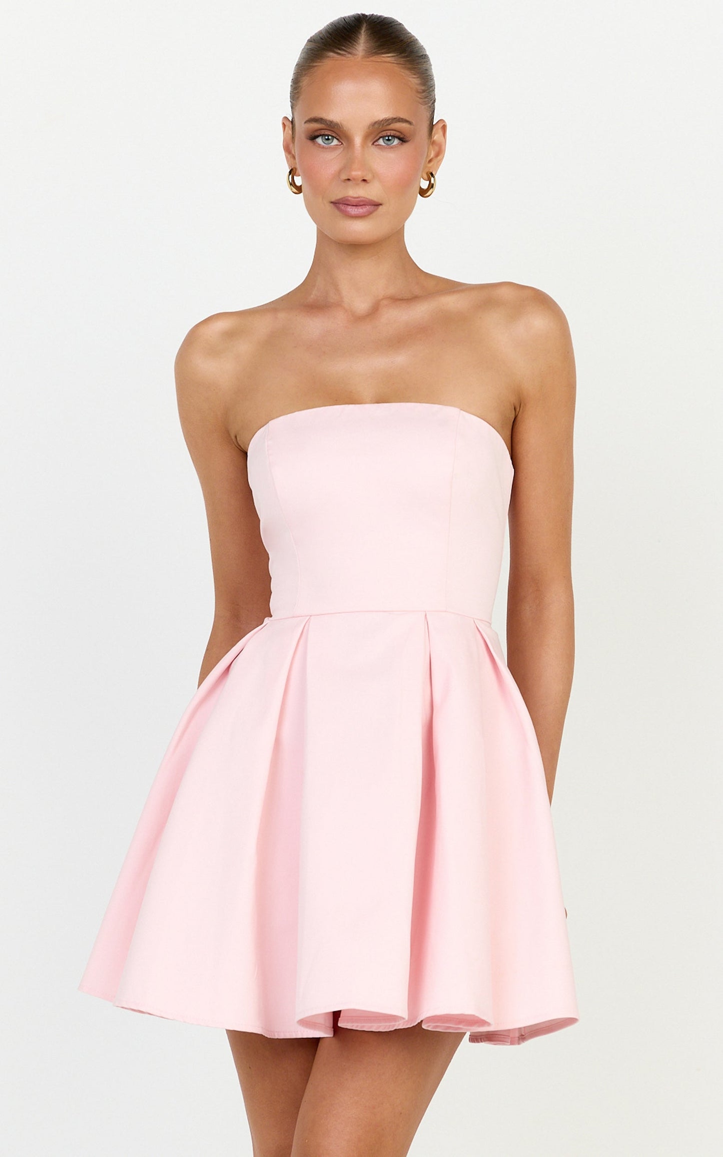 Avery Mini Dress - Strapless Fitted Bodice Full Pleated Skirt Dress in Baby Pink
