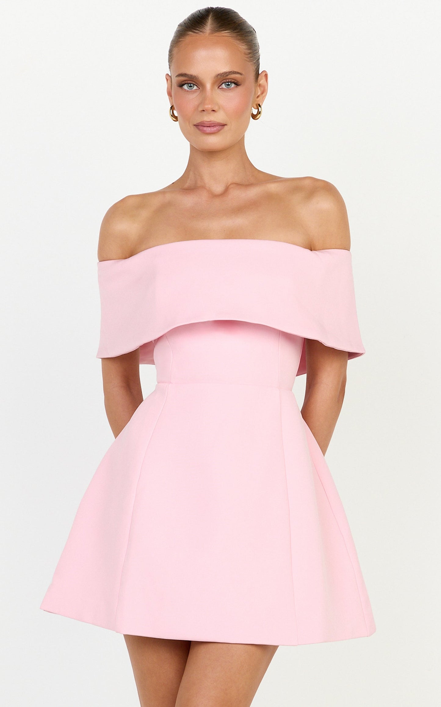 Aviana Mini Dress - Overlay Off Shoulder Tulip Skirt Dress in Pink