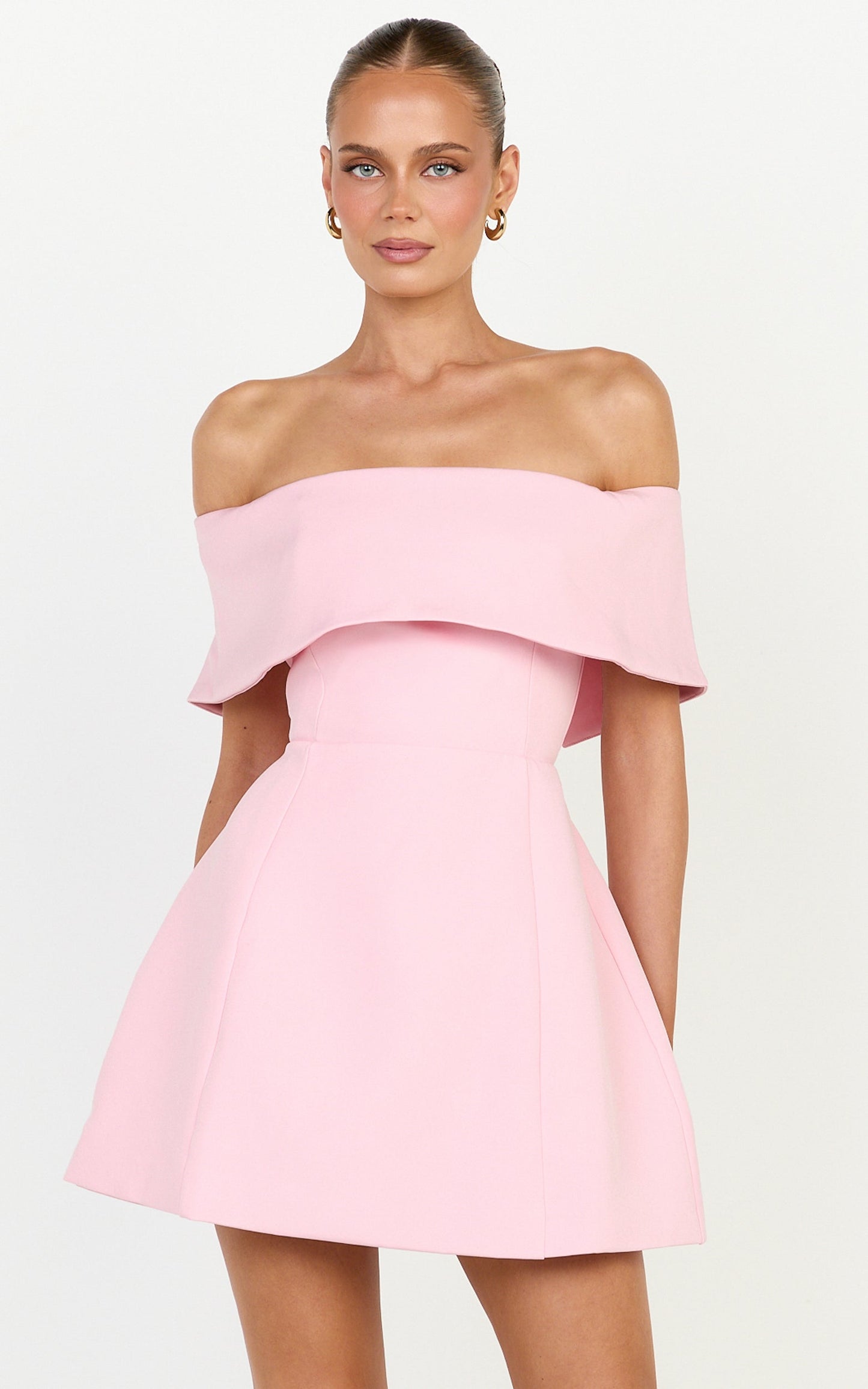 Aviana Mini Dress - Overlay Off Shoulder Tulip Skirt Dress in Pink