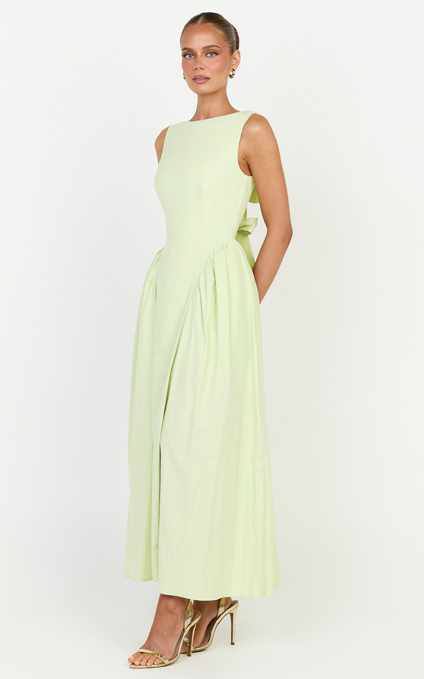 Casina Midi Dress - Boat Neck Tie Back Fit And Flare Dress in Sage
