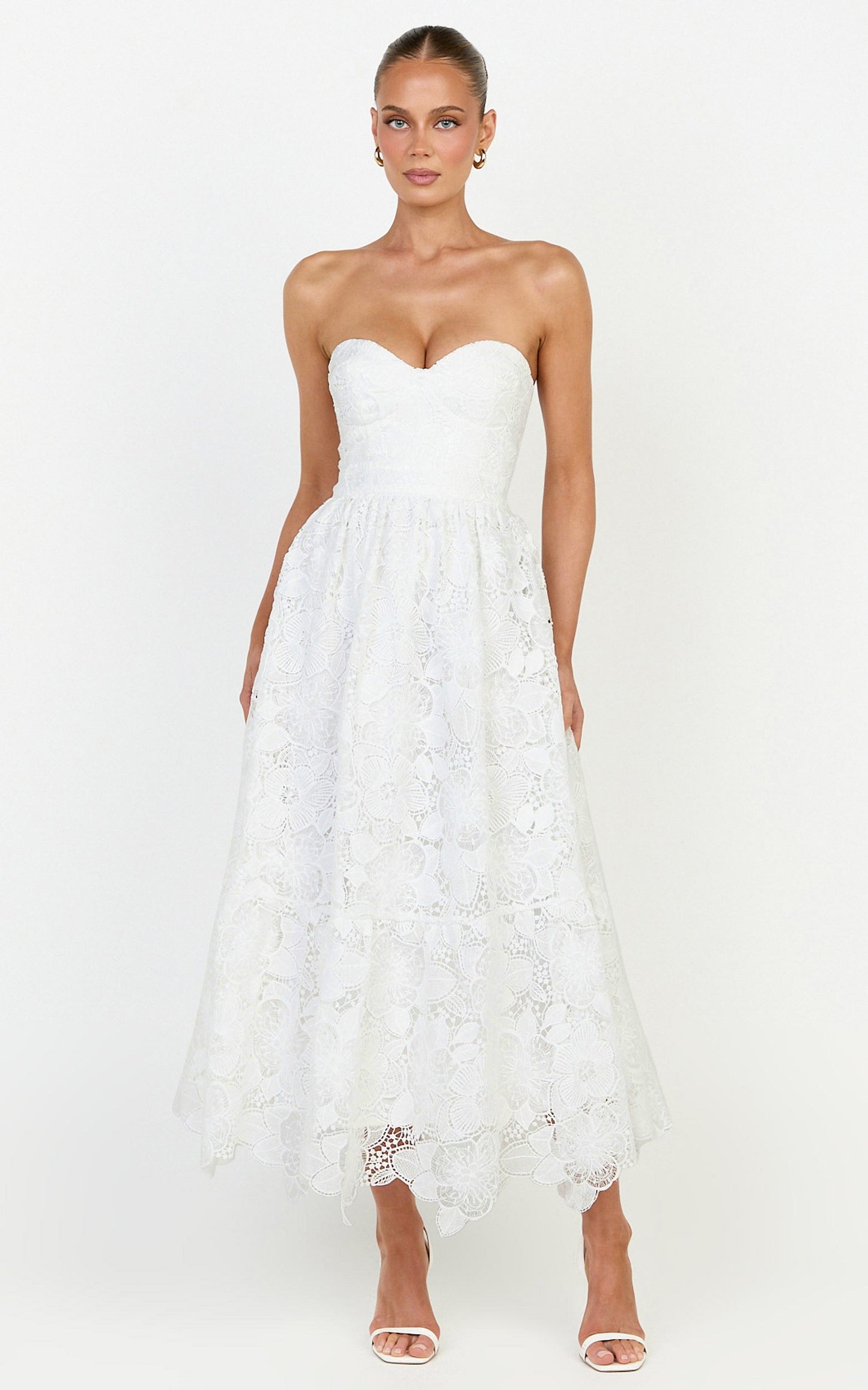 Gabriela Midi Dress - Strapless Lace Dress in White