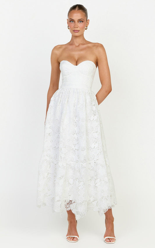 Gabriela Midi Dress - Strapless Lace Dress in White
