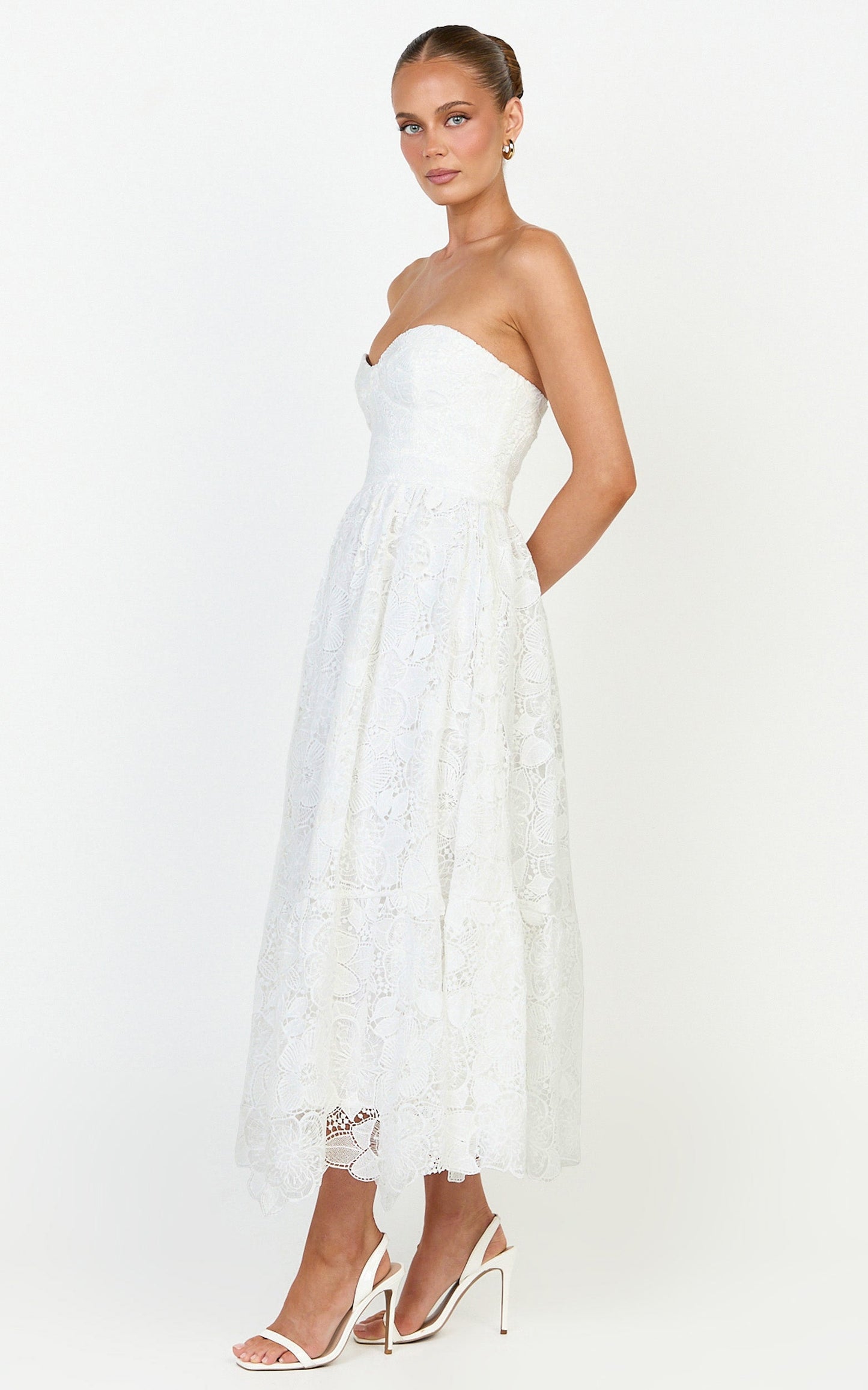 Gabriela Midi Dress - Strapless Lace Dress in White