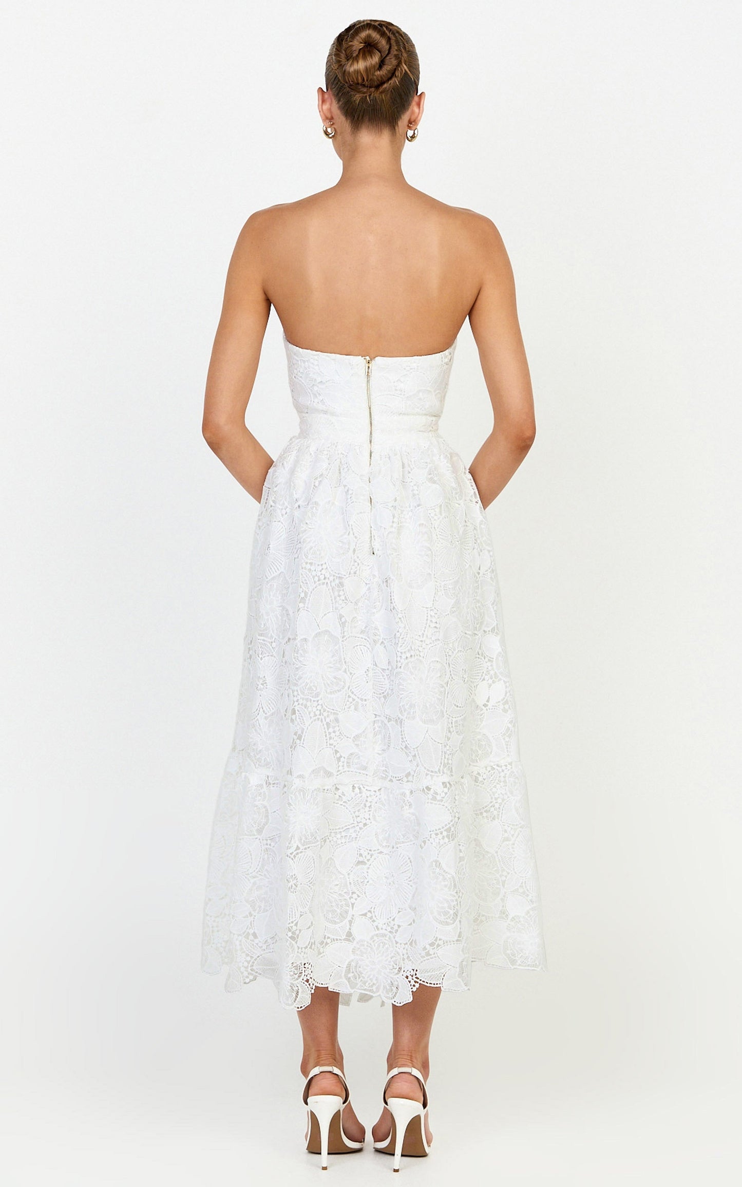 Gabriela Midi Dress - Strapless Lace Dress in White