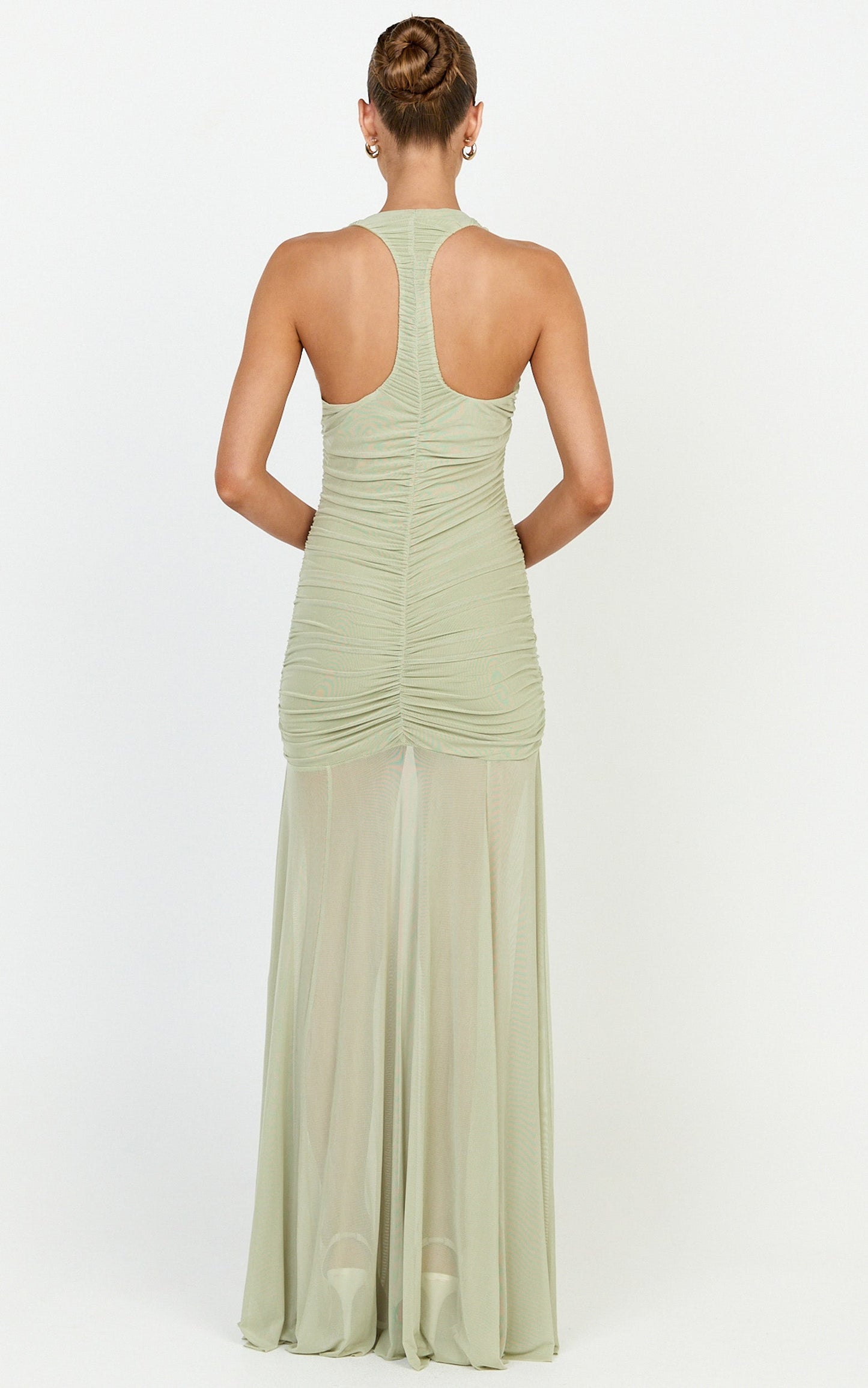 Kori Maxi Dress - Ruched Halterneck Mesh Dress With Racer Back in Sage